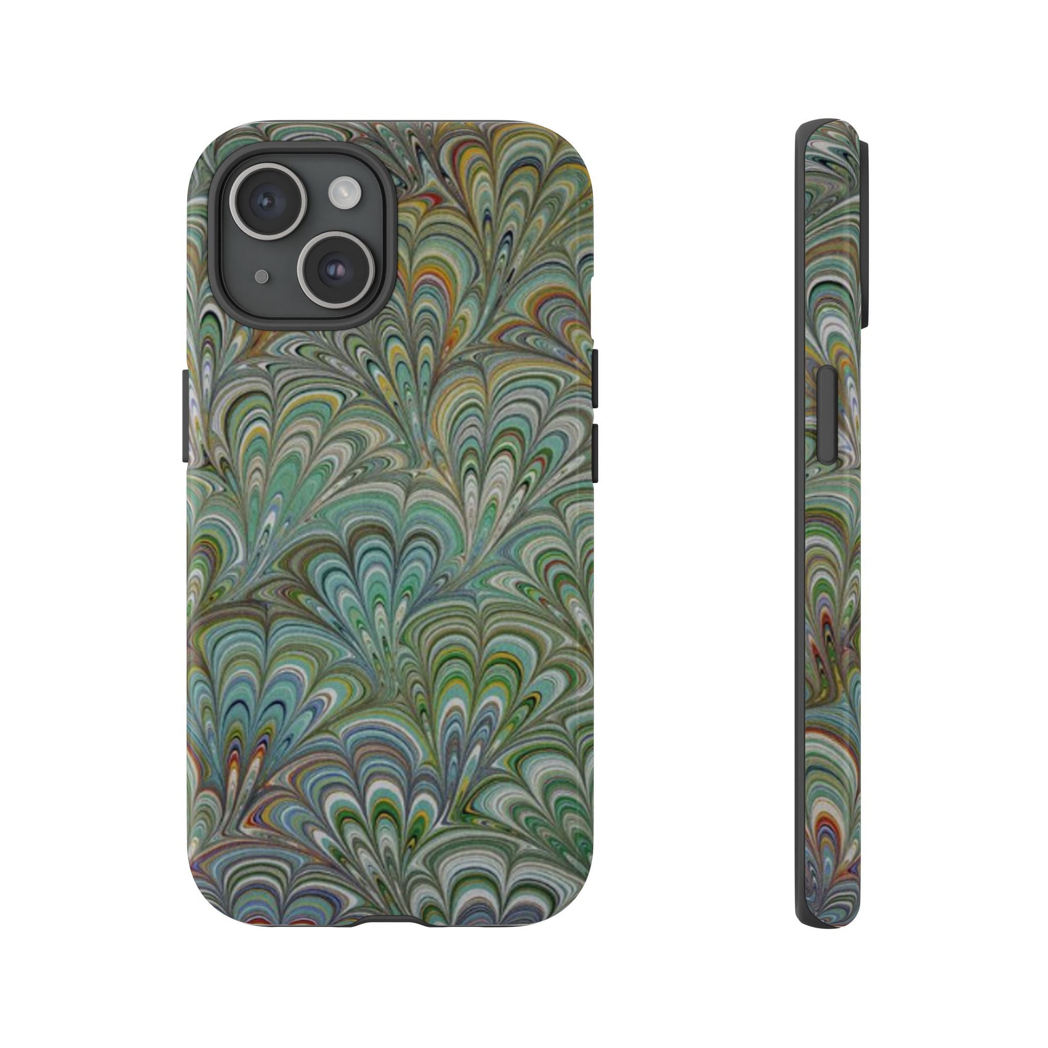 Green Marbled Peacock Durable Phone Case - Olive Green and Brown - Matte or Glossy