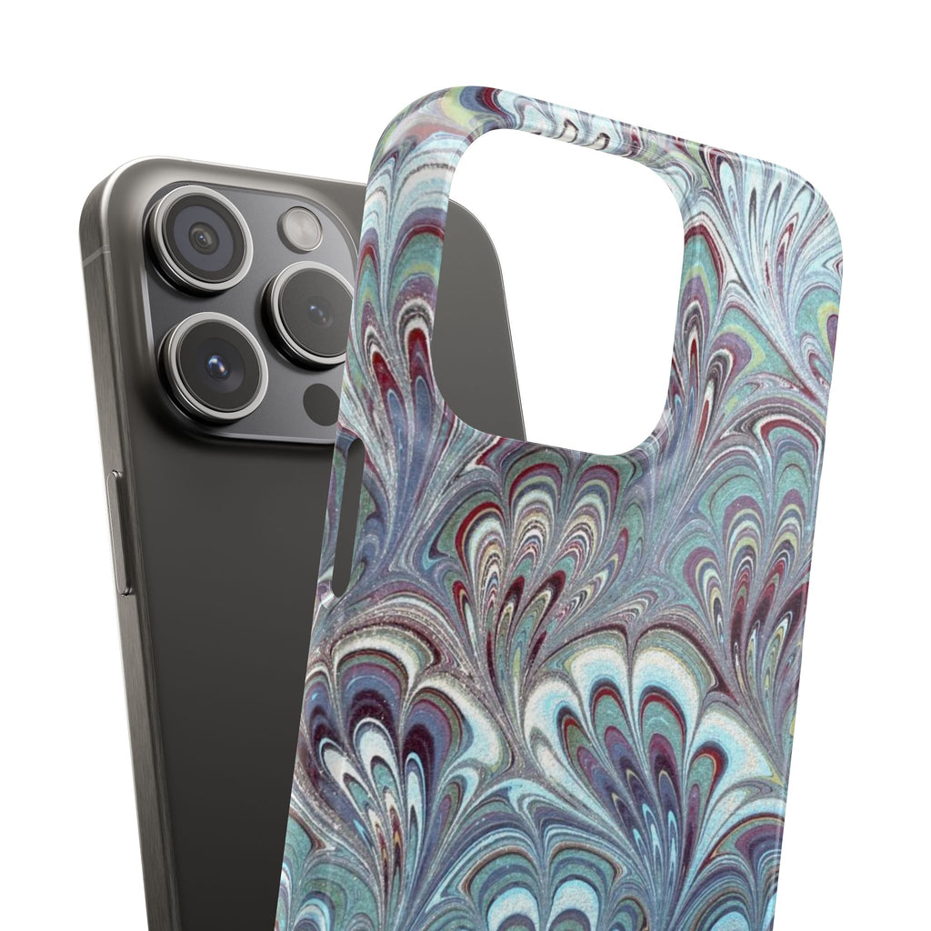 Marbled Feather Blue, White + Burgundy Swirl - Single Layer Slim Phone Case