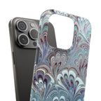 Marbled Feather Blue, White + Burgundy Swirl - Single Layer Slim Phone Case