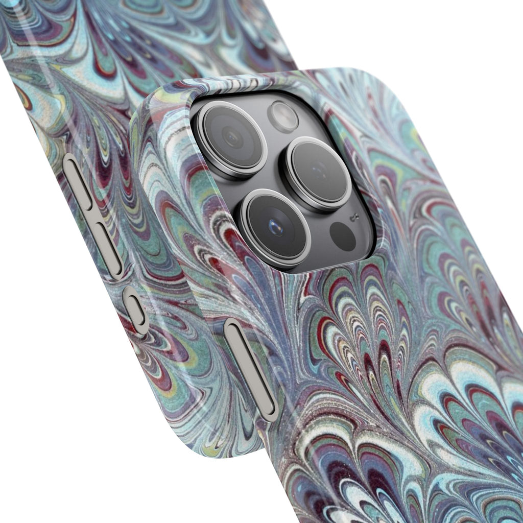 Marbled Feather Blue, White + Burgundy Swirl - Single Layer Slim Phone Case