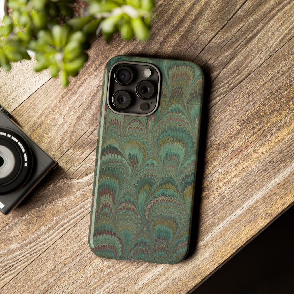 Marbled Peacock Durable Phone Case - Olive Green and Brown - Matte or Glossy