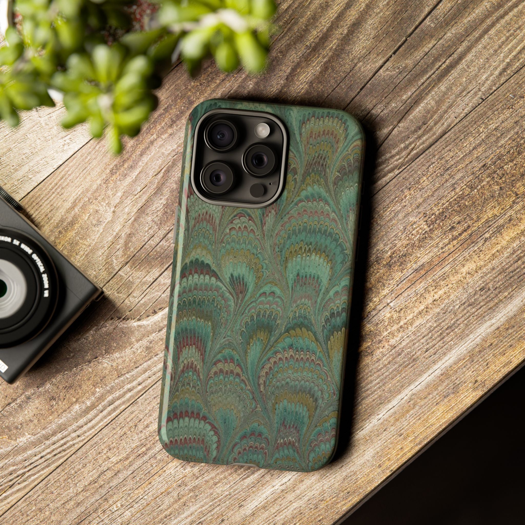 Marbled Peacock Durable Phone Case - Olive Green and Brown - Matte or Glossy