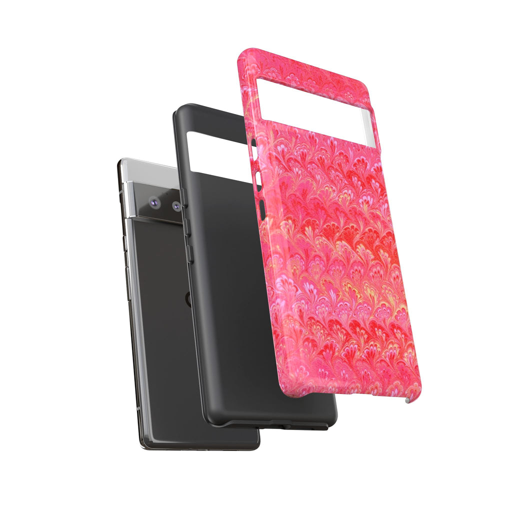 Pink and Gold Marbled Peacock Durable Phone Case - Olive Green and Brown - Matte or Glossy