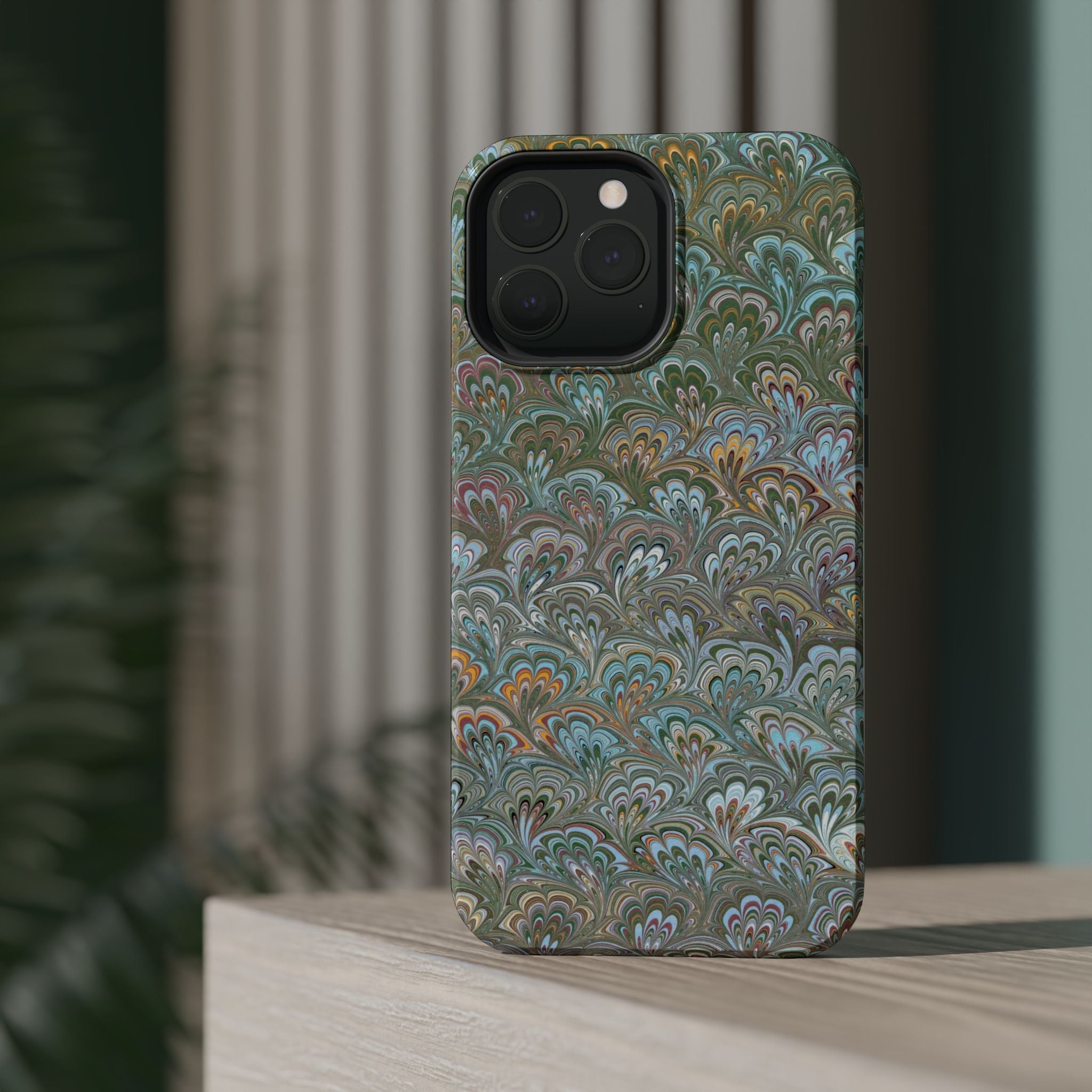 Green, Blue, + White Marbled Peacock - Dual Layer MAG SAFE Phone Case