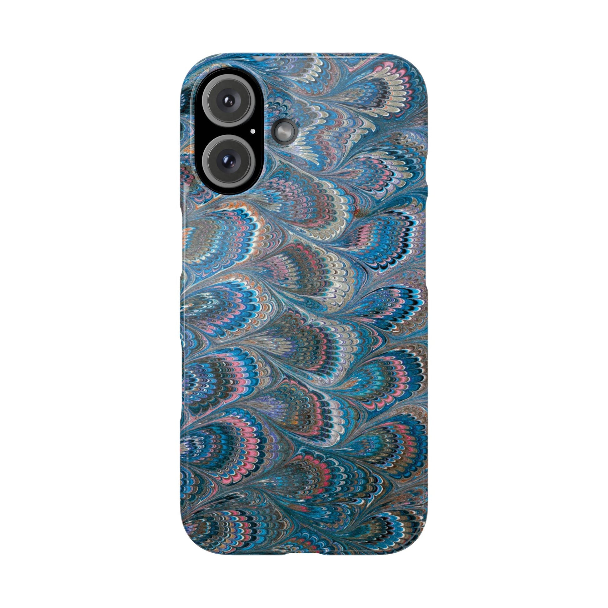 Blue and Pink FEATHER PEACKOCK Marbled VIntage Design, Italian Feather Phone Case, Slim Phone Cases, IPHONE 16 and all sizes