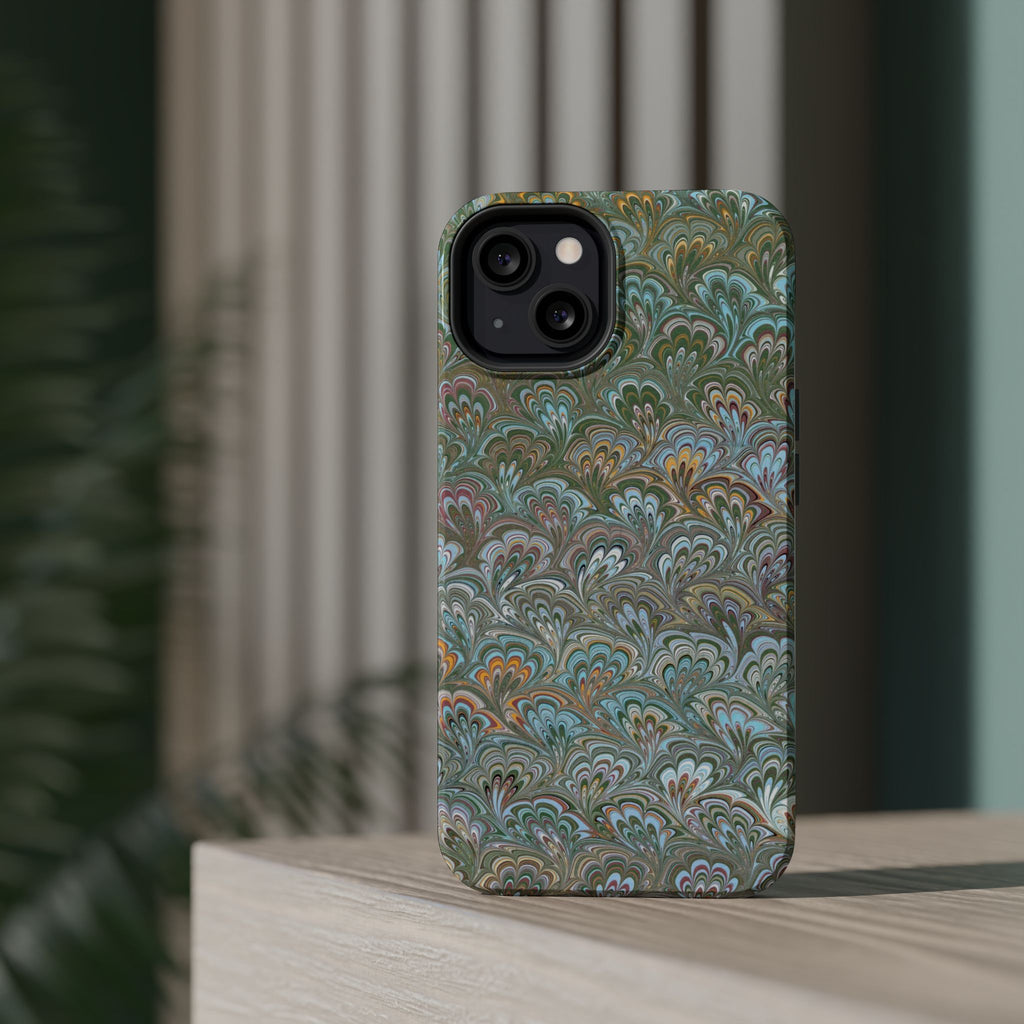 Green, Blue, + White Marbled Peacock - Dual Layer MAG SAFE Phone Case