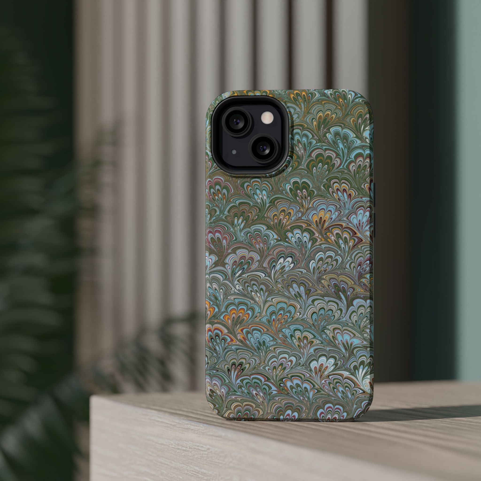 Green, Blue, + White Marbled Peacock - Dual Layer MAG SAFE Phone Case