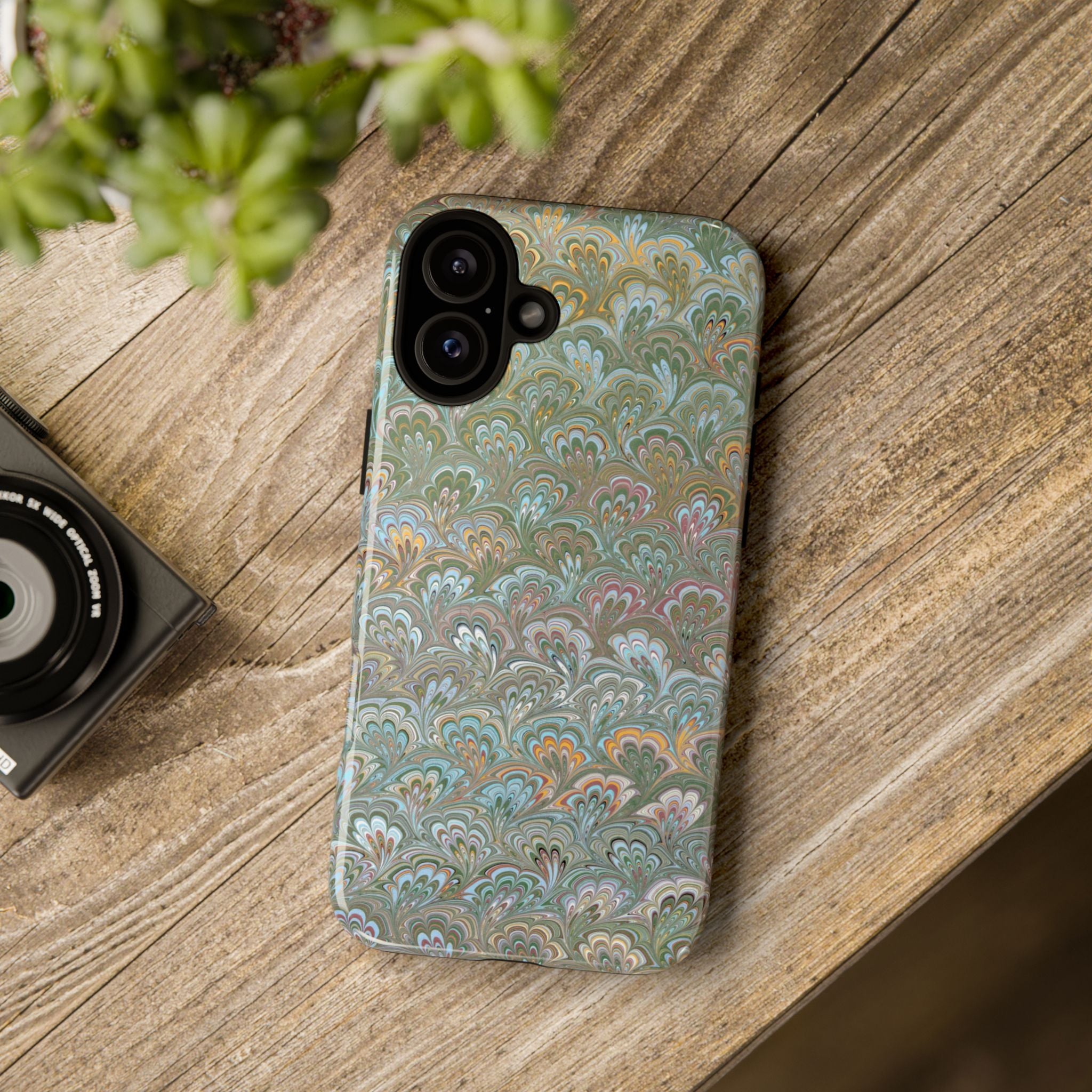 Blue and Green Feather Marbled Phone Case — Dual Layer - Tough Protective Phone Cover