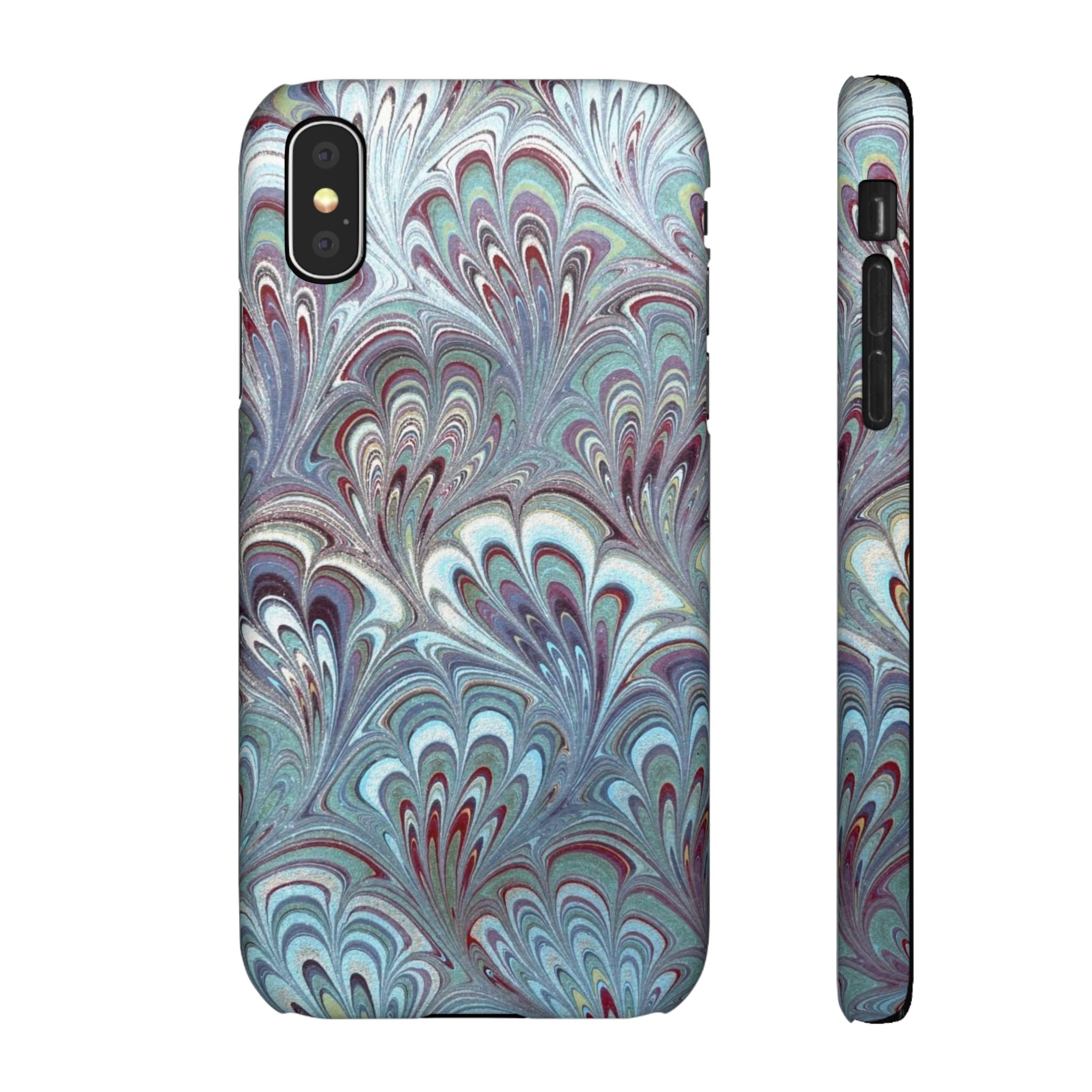 Marbled Feather Blue, White + Burgundy Swirl - Single Layer Slim Phone Case
