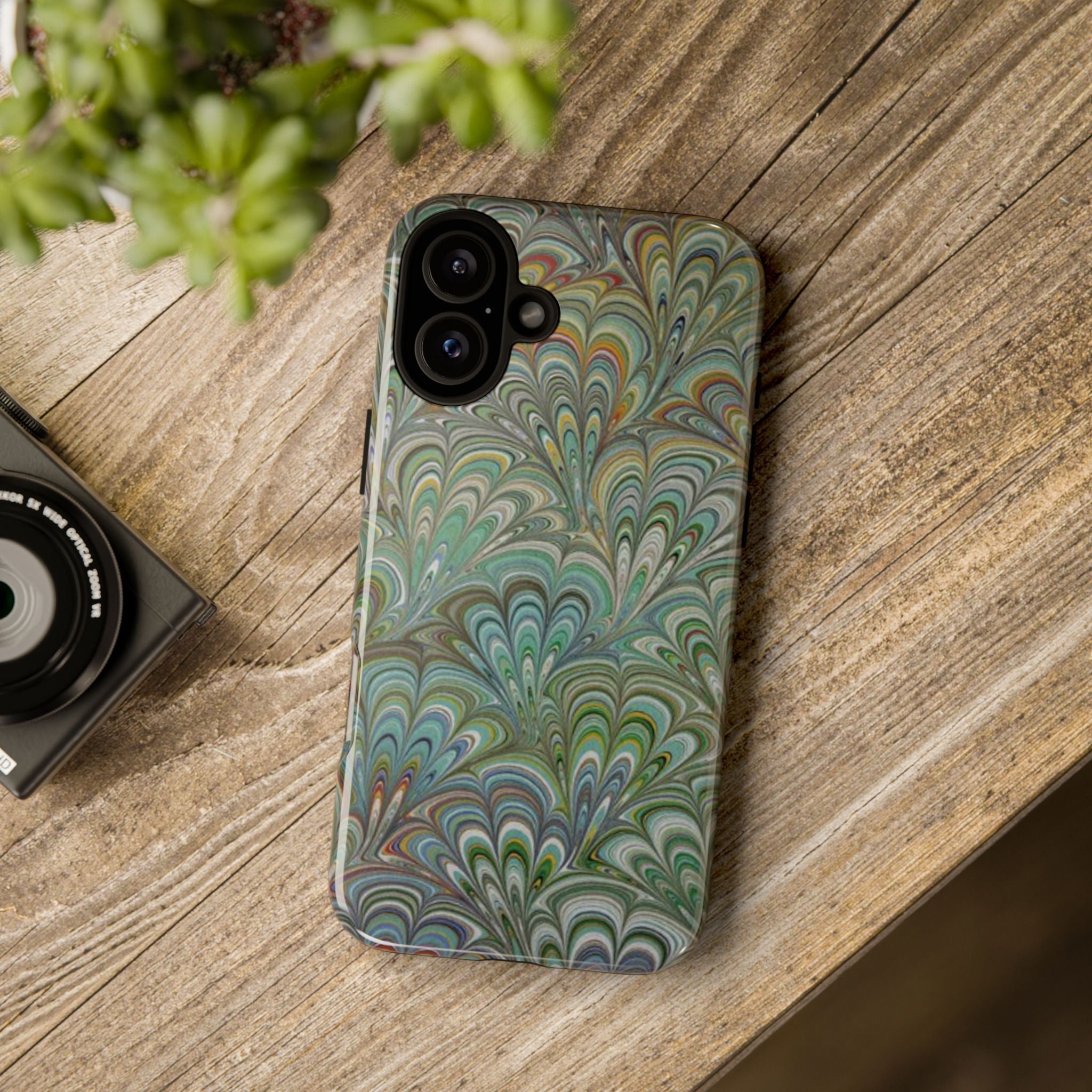 Green Marbled Peacock Durable Phone Case - Matte or Glossy
