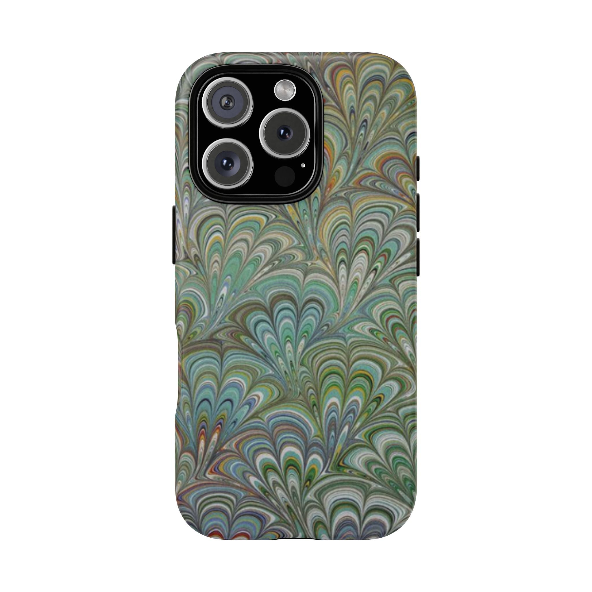 Green Marbled Peacock Durable Phone Case - Olive Green and Brown - Matte or Glossy
