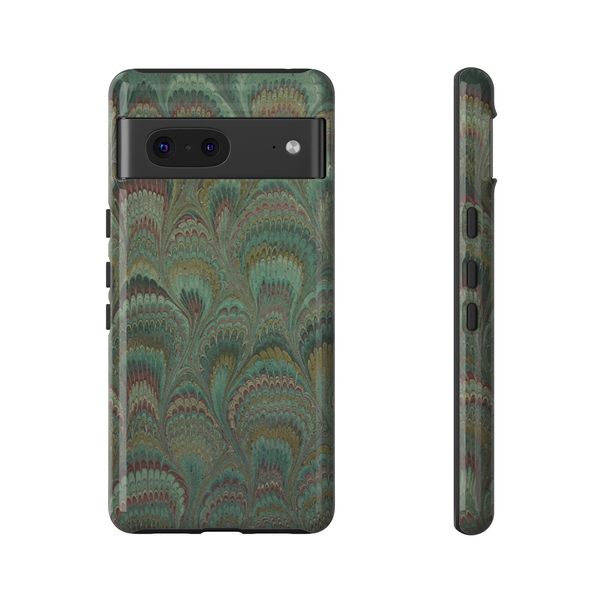 Marbled Peacock Durable Phone Case - Olive Green and Brown - Matte or Glossy