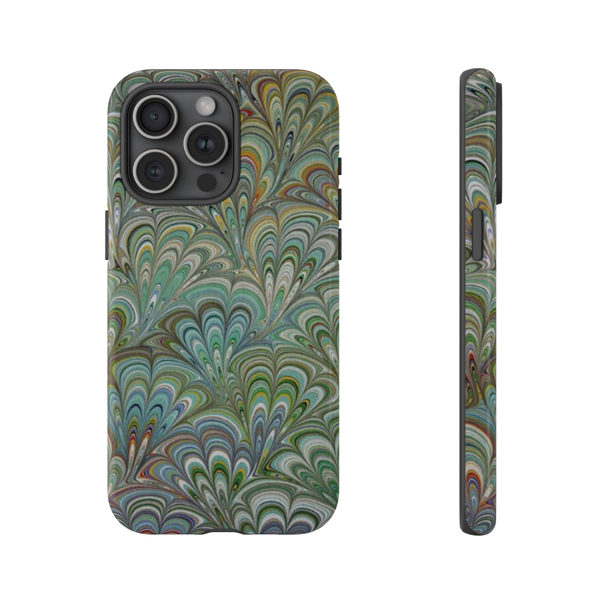 Green Marbled Peacock Durable Phone Case - Olive Green and Brown - Matte or Glossy