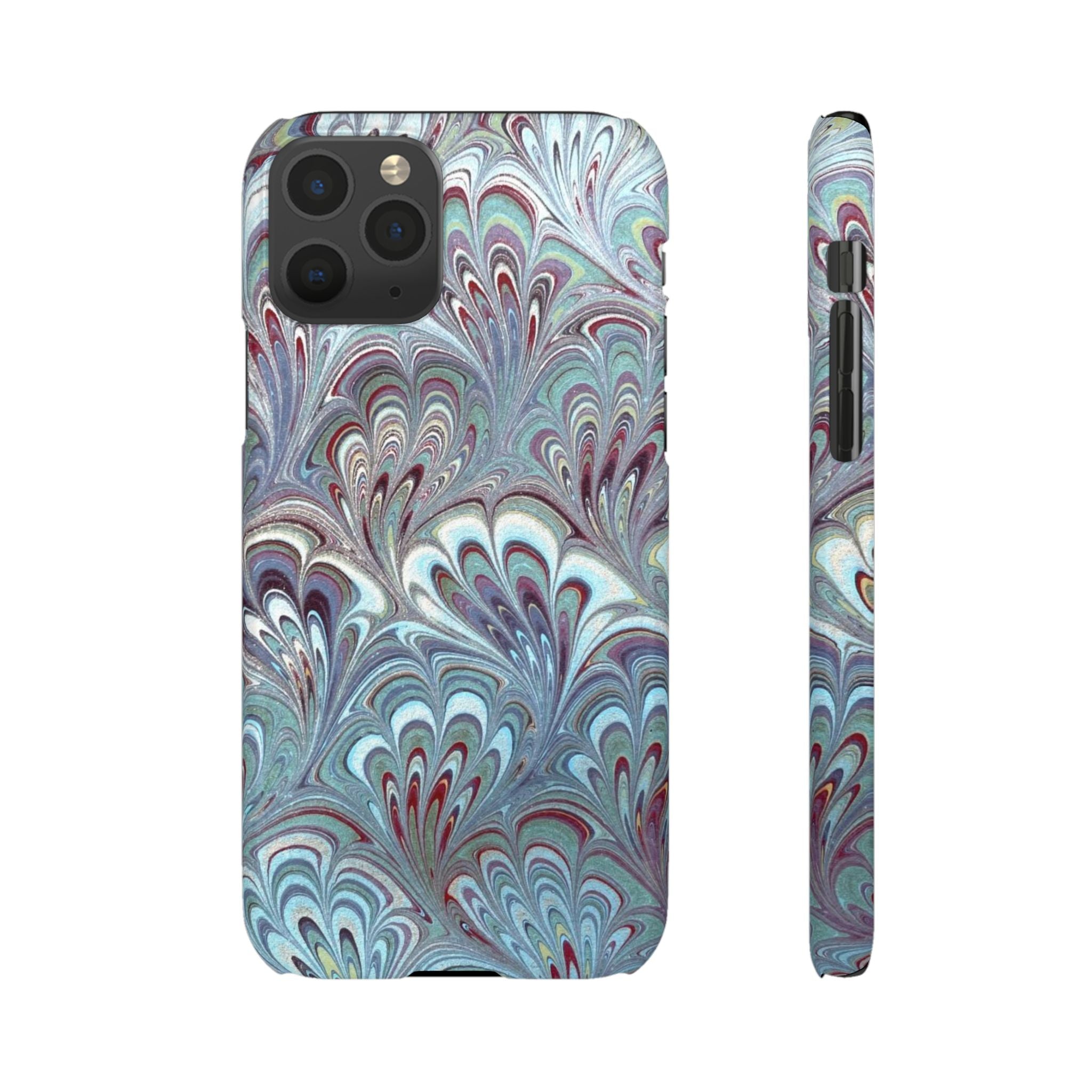 Marbled Feather Blue, White + Burgundy Swirl - Single Layer Slim Phone Case