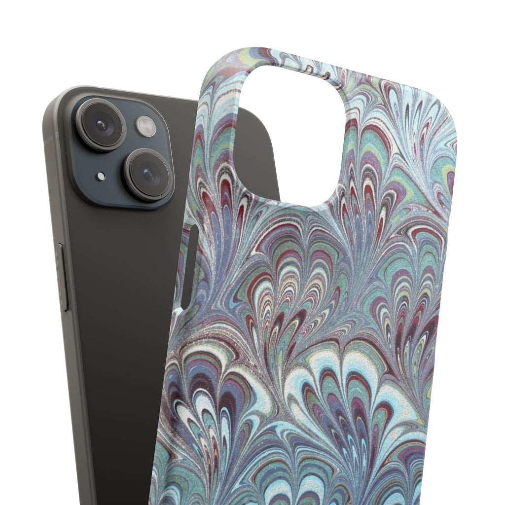 Marbled Feather Blue, White + Burgundy Swirl - Single Layer Slim Phone Case