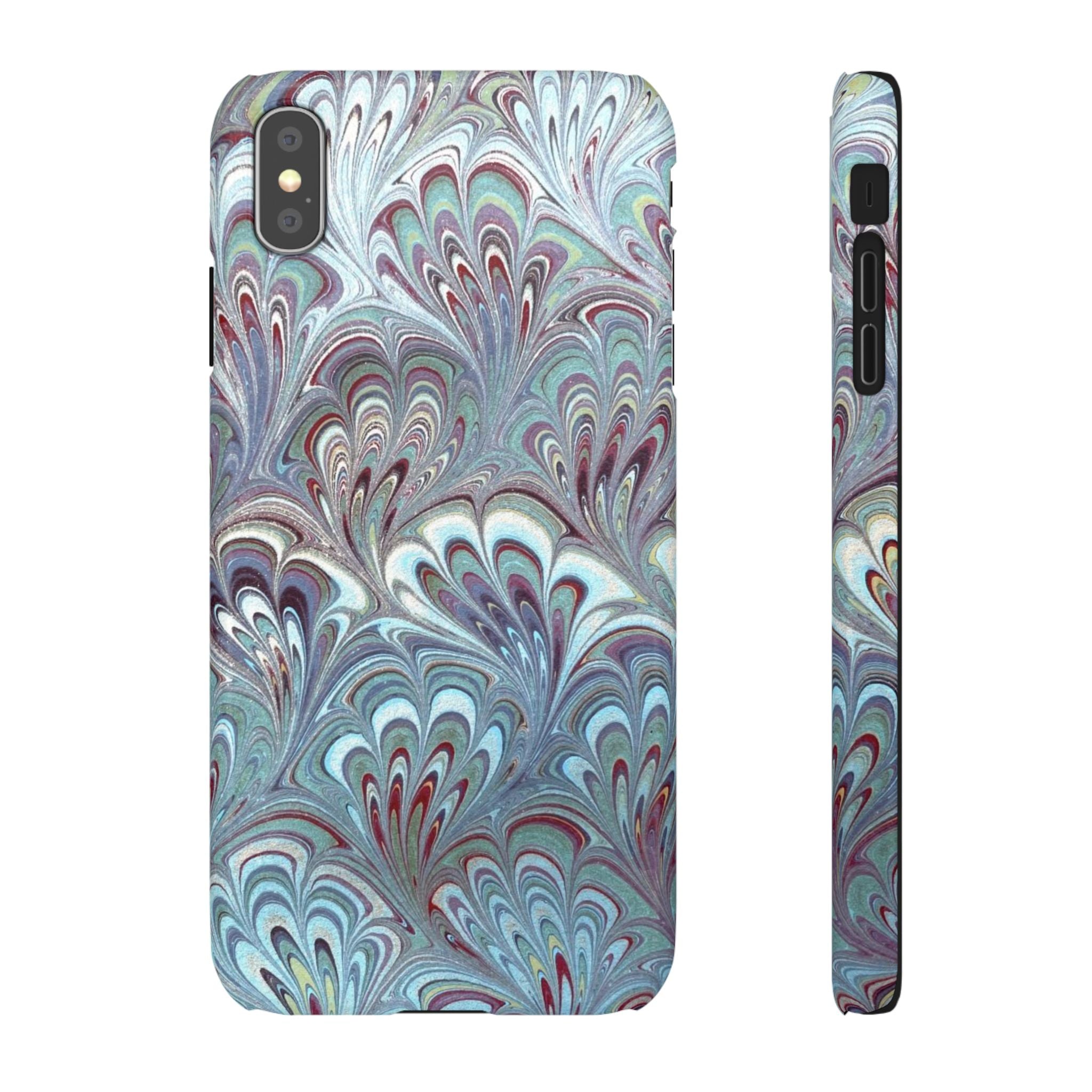 Marbled Feather Blue, White + Burgundy Swirl - Single Layer Slim Phone Case