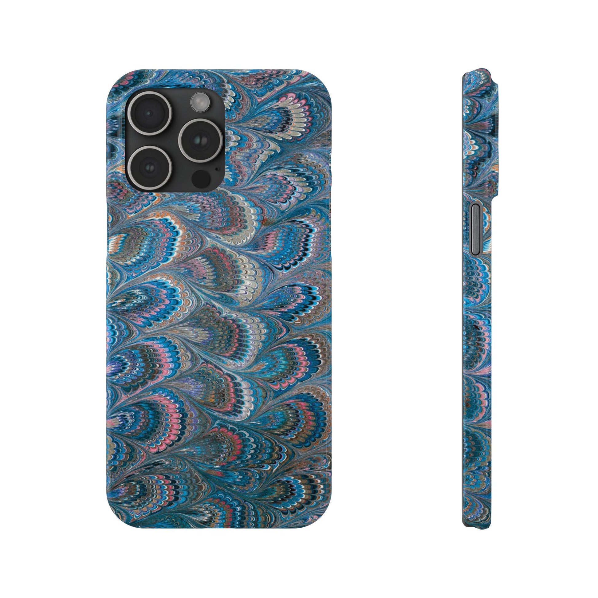 Blue and Pink FEATHER PEACKOCK Marbled VIntage Design, Italian Feather Phone Case, Slim Phone Cases, IPHONE 16 and all sizes