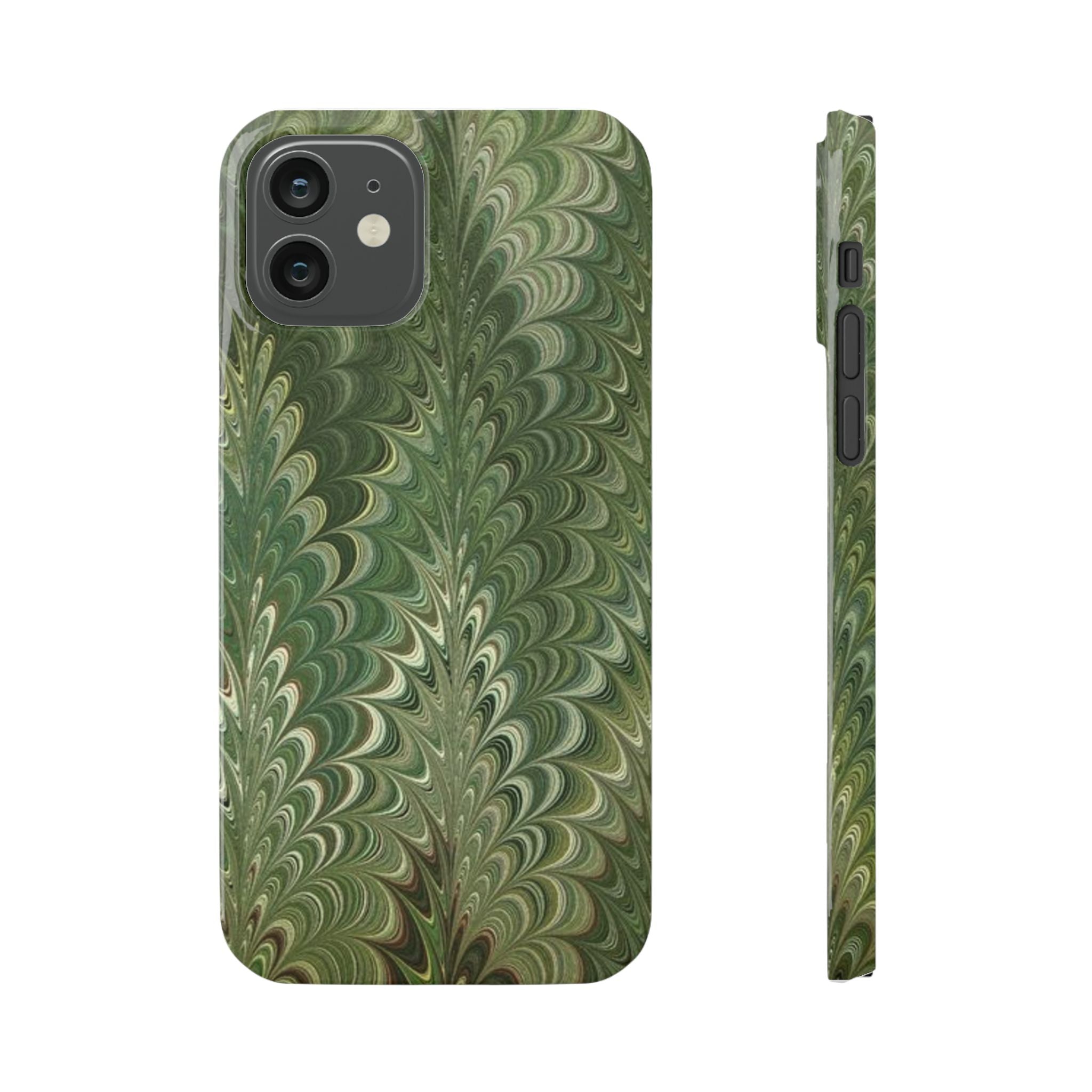 Green Marbled Slim Phone Case — Botanical Swirl Pattern Slim Case