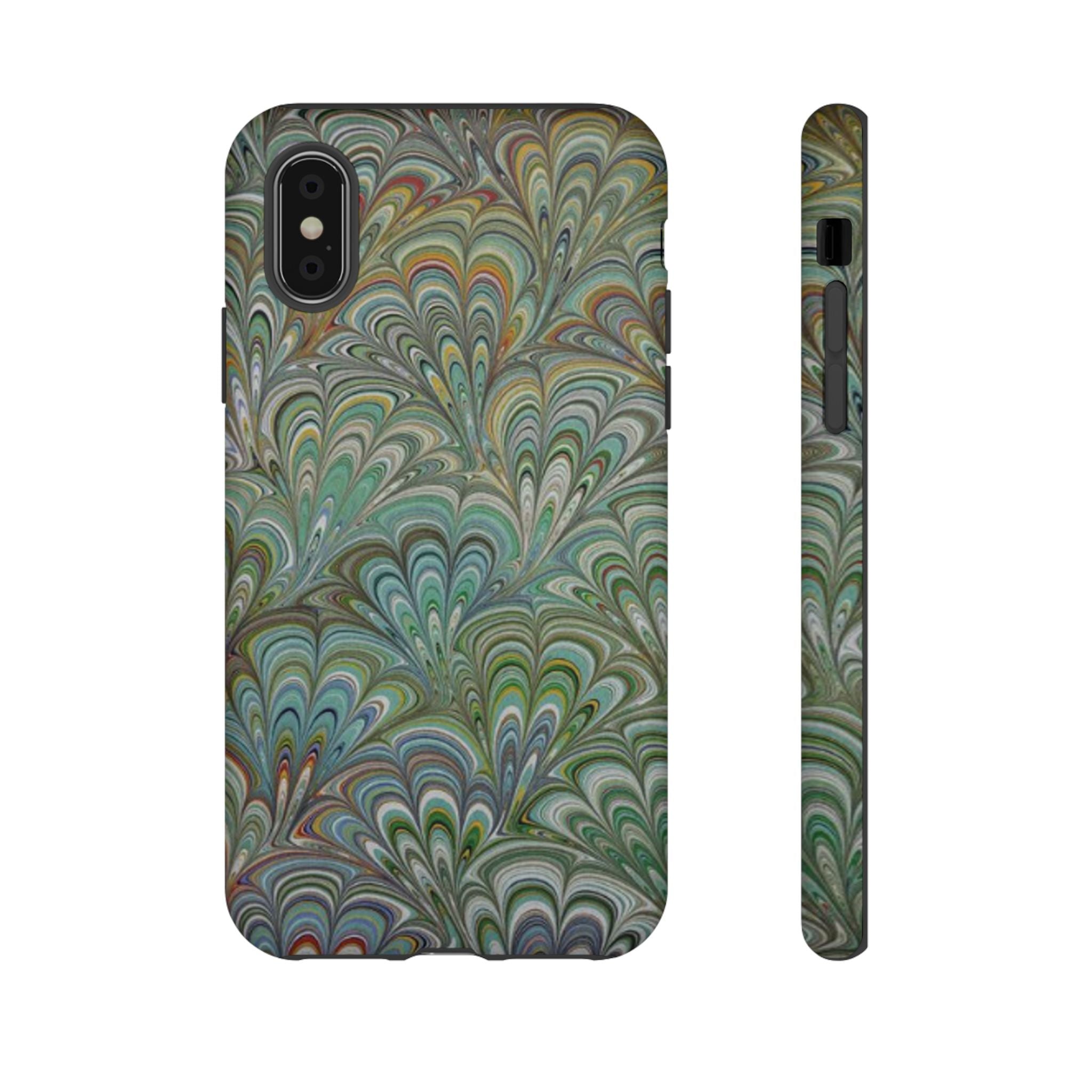Green Marbled Peacock Durable Phone Case - Olive Green and Brown - Matte or Glossy