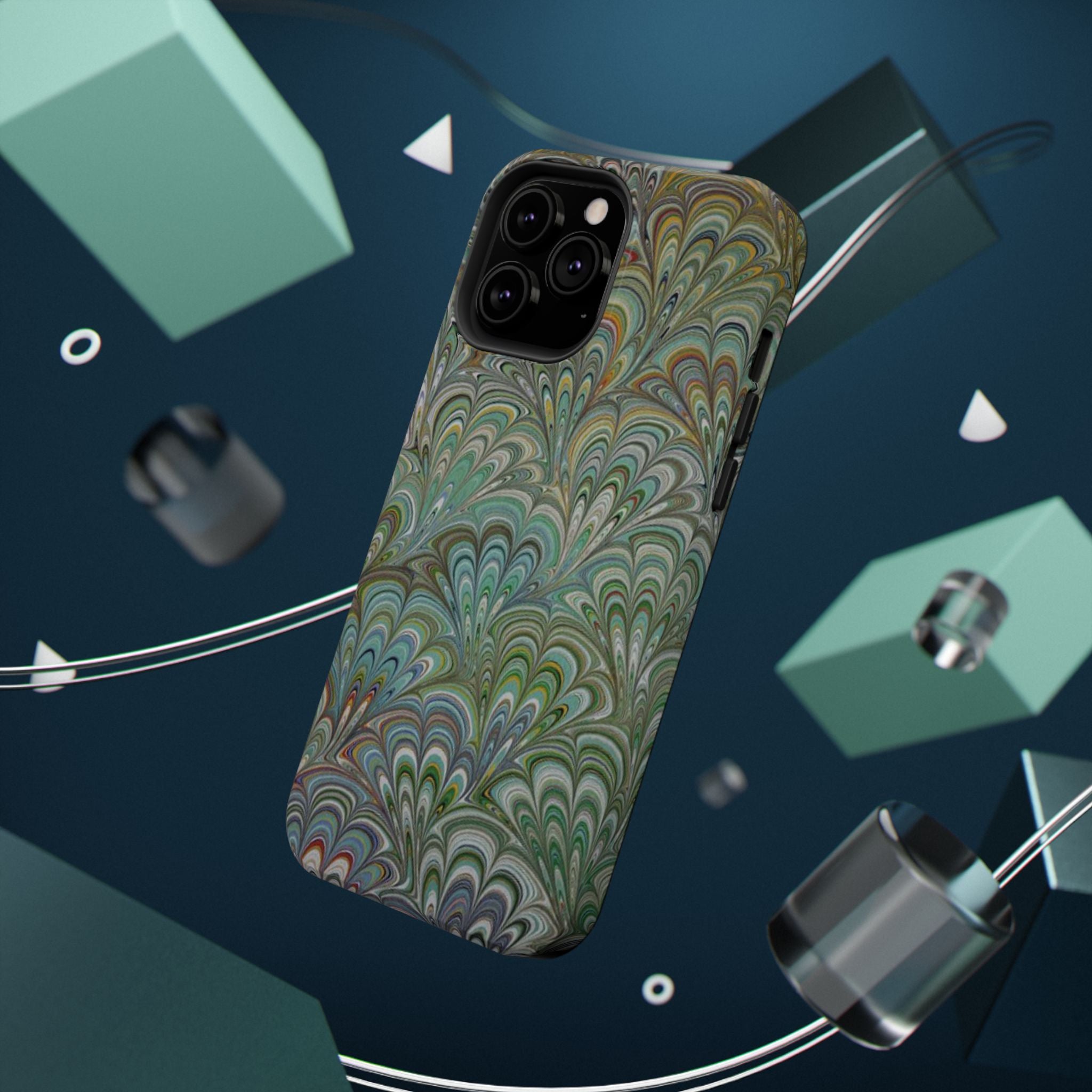 iPhone17 + All Models Phone Cases, Italian Peacock Feather Design, Stylish Impact-Resistant Shell, Protective Cover, Green Peacock Print