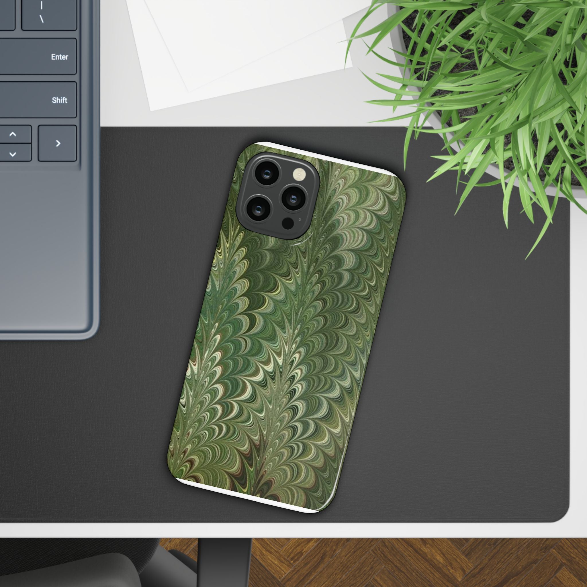 Green Marbled Slim Phone Case — Botanical Swirl Pattern Slim Case