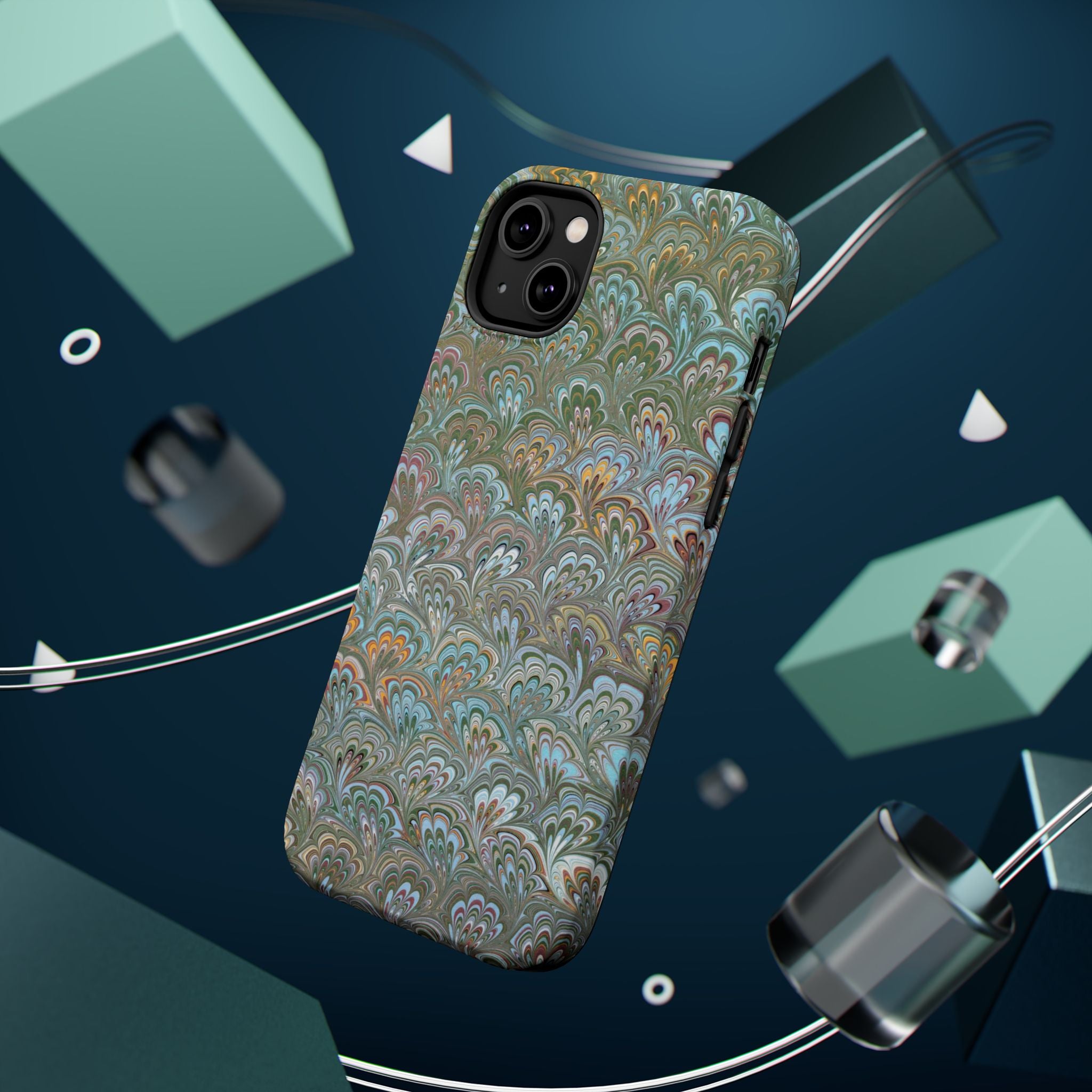 Green, Blue, + White Marbled Peacock - Dual Layer MAG SAFE Phone Case