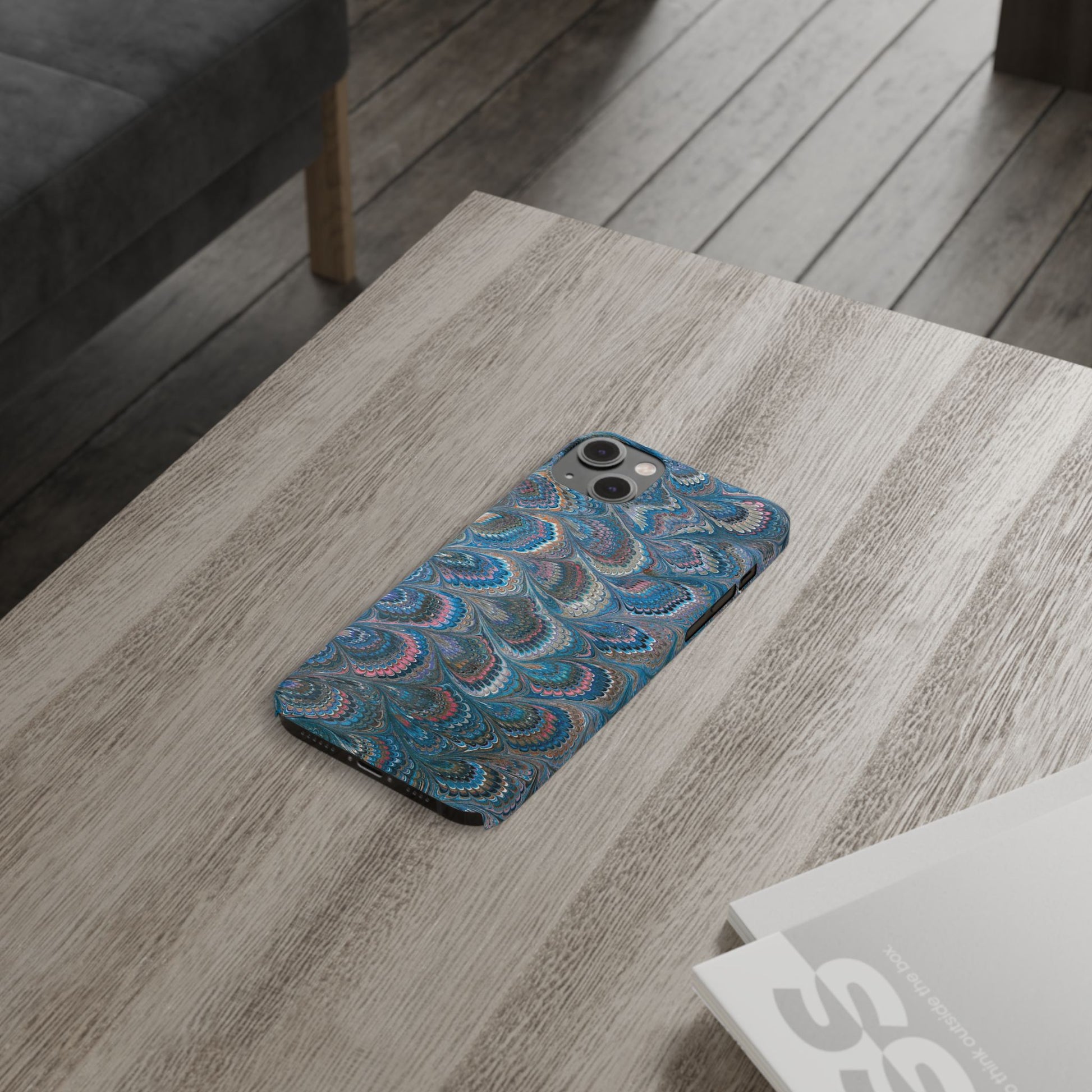 Blue and Pink FEATHER PEACKOCK Marbled VIntage Design, Italian Feather Phone Case, Slim Phone Cases, IPHONE 16 and all sizes
