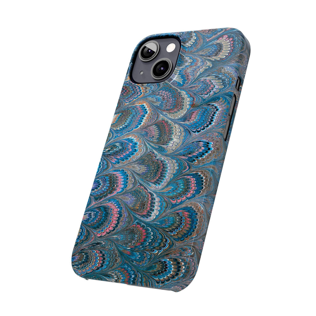 Blue and Pink FEATHER PEACKOCK Marbled VIntage Design, Italian Feather Phone Case, Slim Phone Cases, IPHONE 16 and all sizes