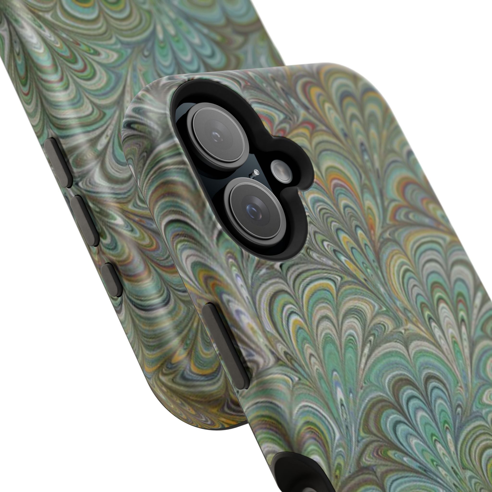 iPhone17 + All Models Phone Cases, Italian Peacock Feather Design, Stylish Impact-Resistant Shell, Protective Cover, Green Peacock Print