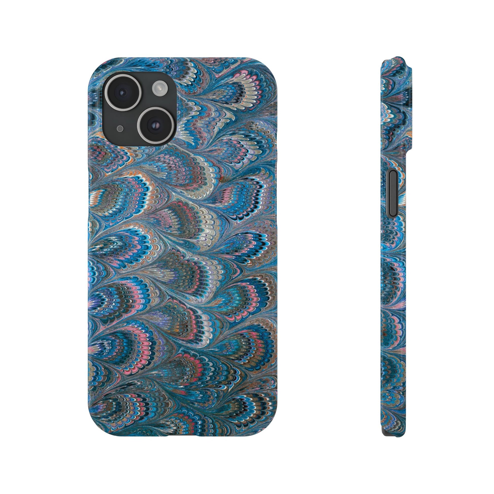 Blue and Pink FEATHER PEACKOCK Marbled VIntage Design, Italian Feather Phone Case, Slim Phone Cases, IPHONE 16 and all sizes