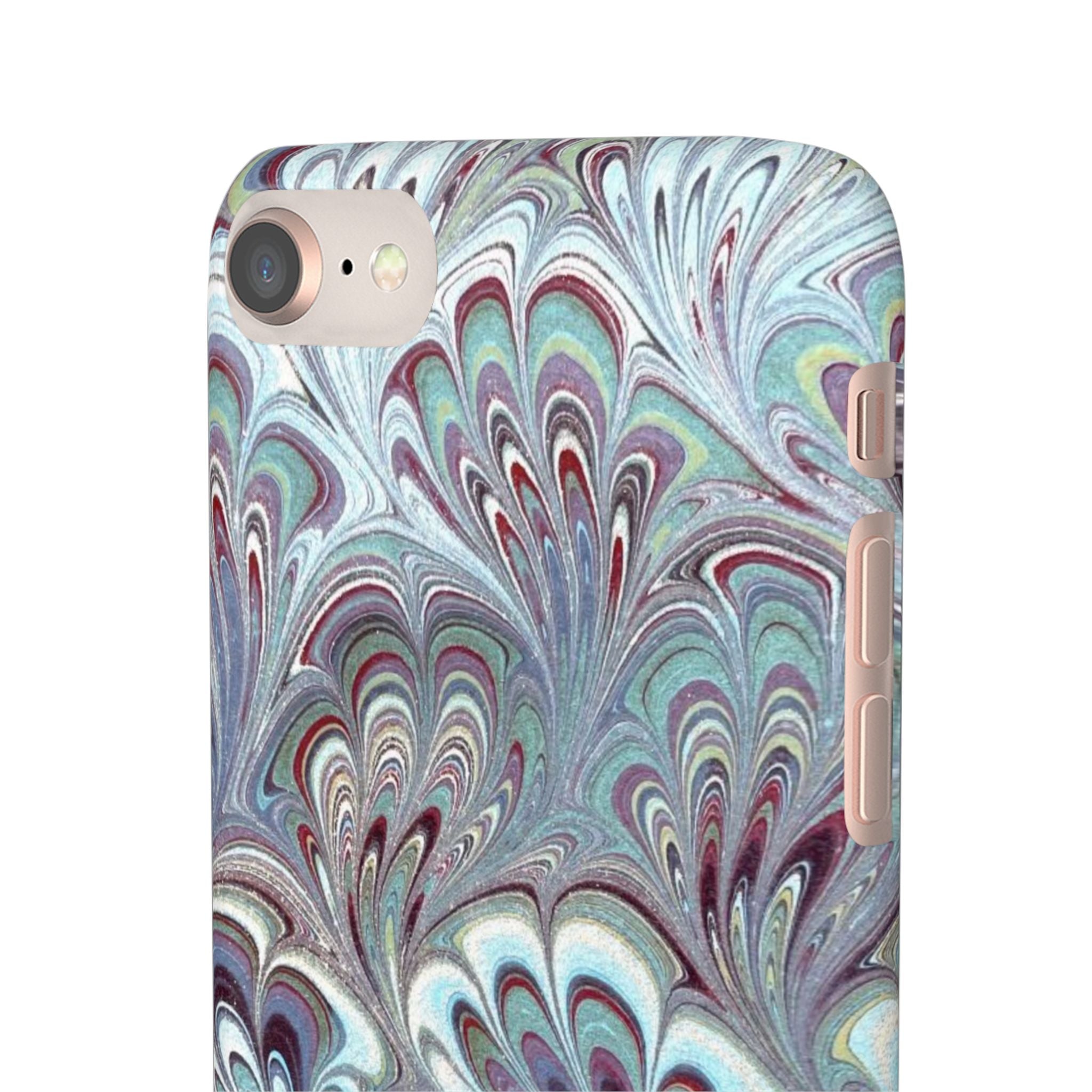 Marbled Feather Blue, White + Burgundy Swirl - Single Layer Slim Phone Case