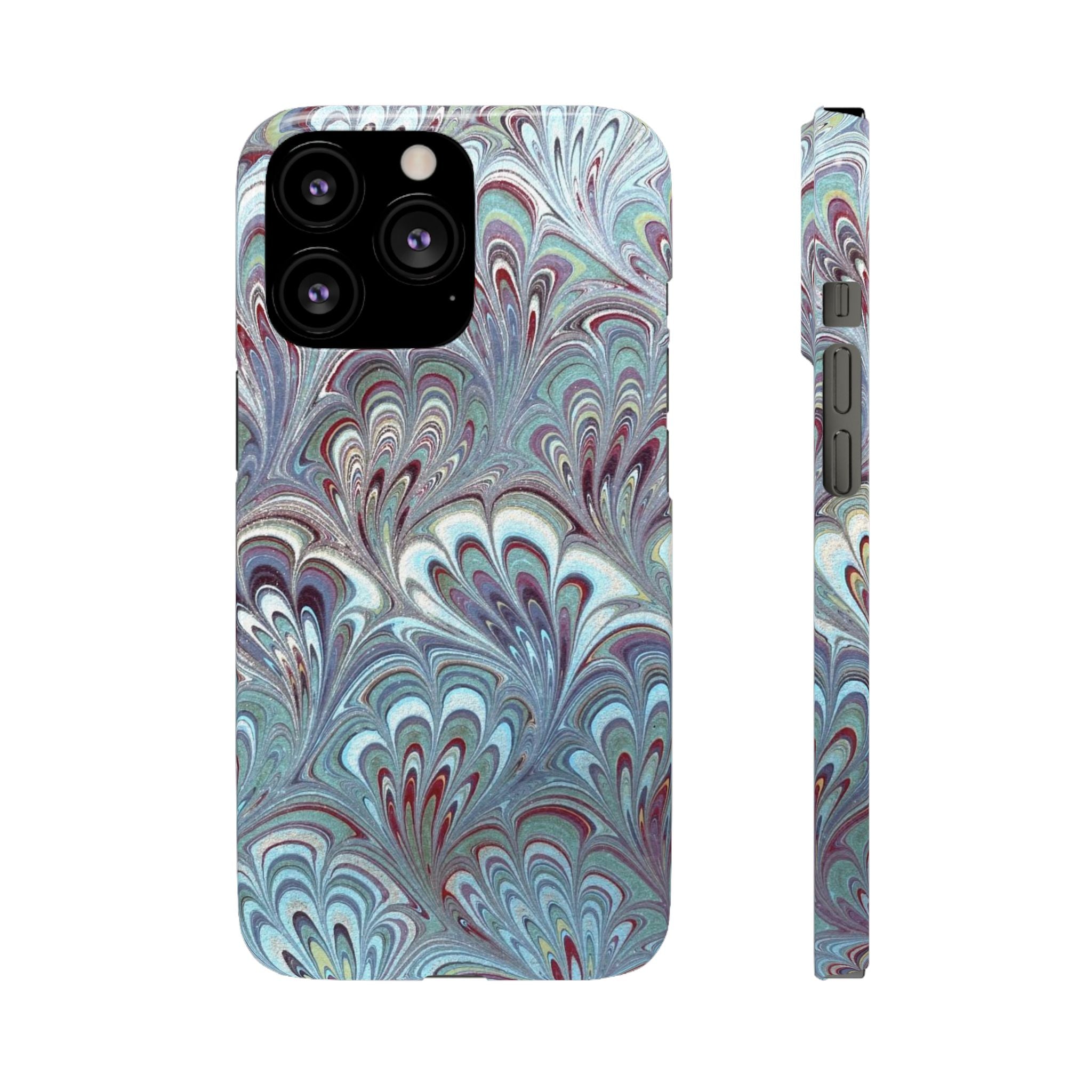 Marbled Feather Blue, White + Burgundy Swirl - Single Layer Slim Phone Case