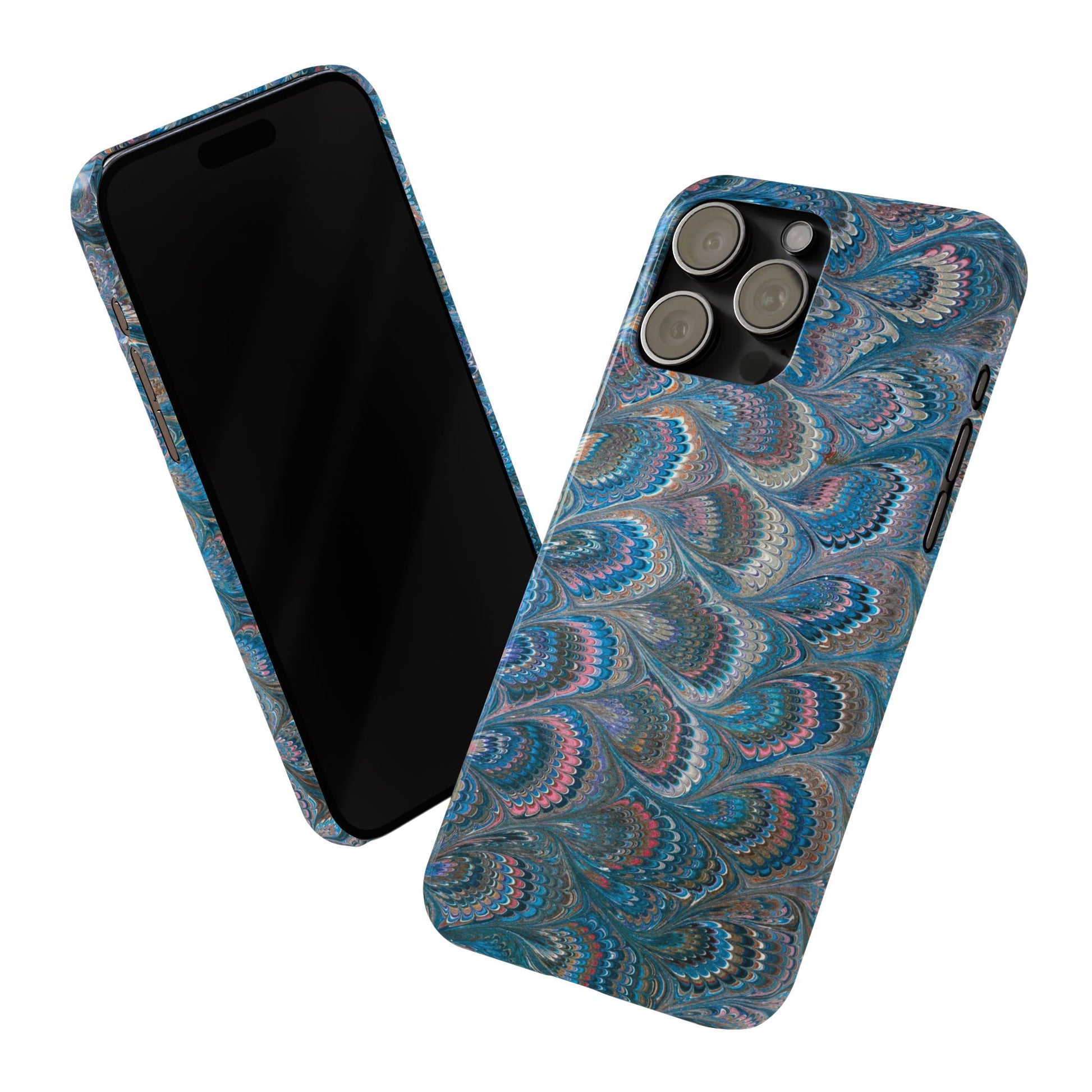 Blue and Pink FEATHER PEACKOCK Marbled VIntage Design, Italian Feather Phone Case, Slim Phone Cases, IPHONE 16 and all sizes