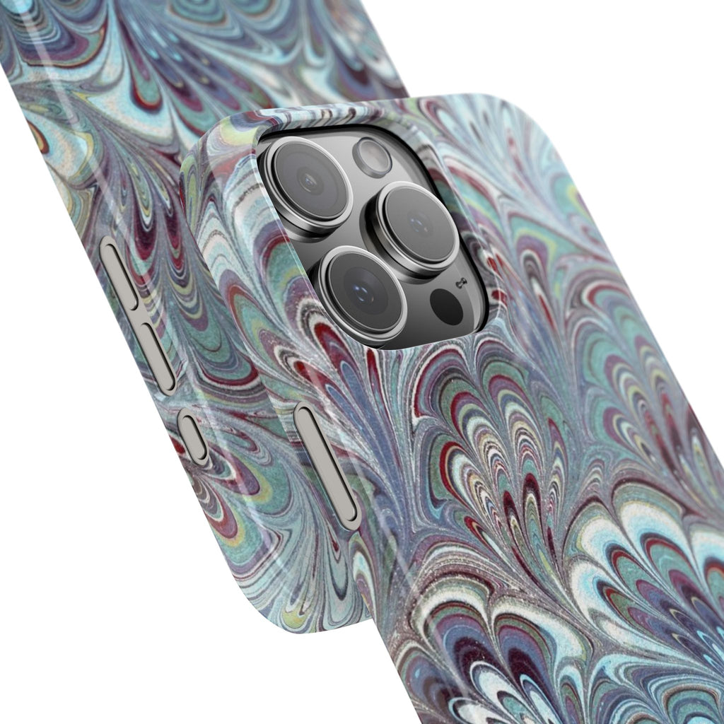 Marbled Feather Blue, White + Burgundy Swirl - Single Layer Slim Phone Case