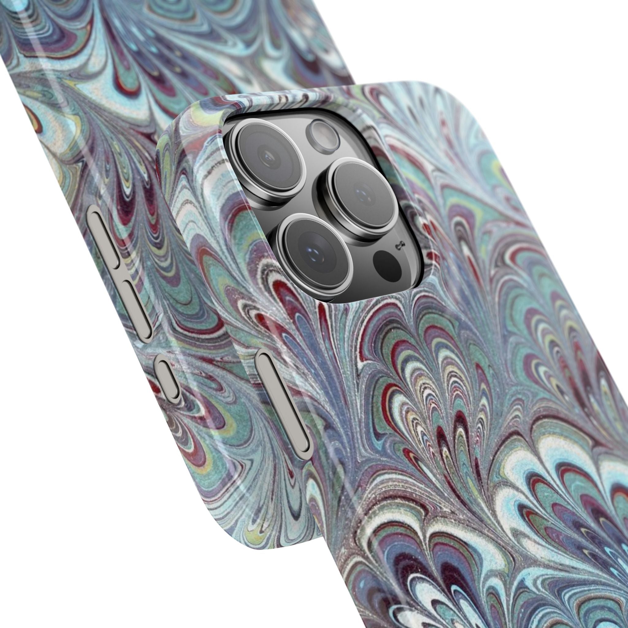 Marbled Feather Blue, White + Burgundy Swirl - Single Layer Slim Phone Case