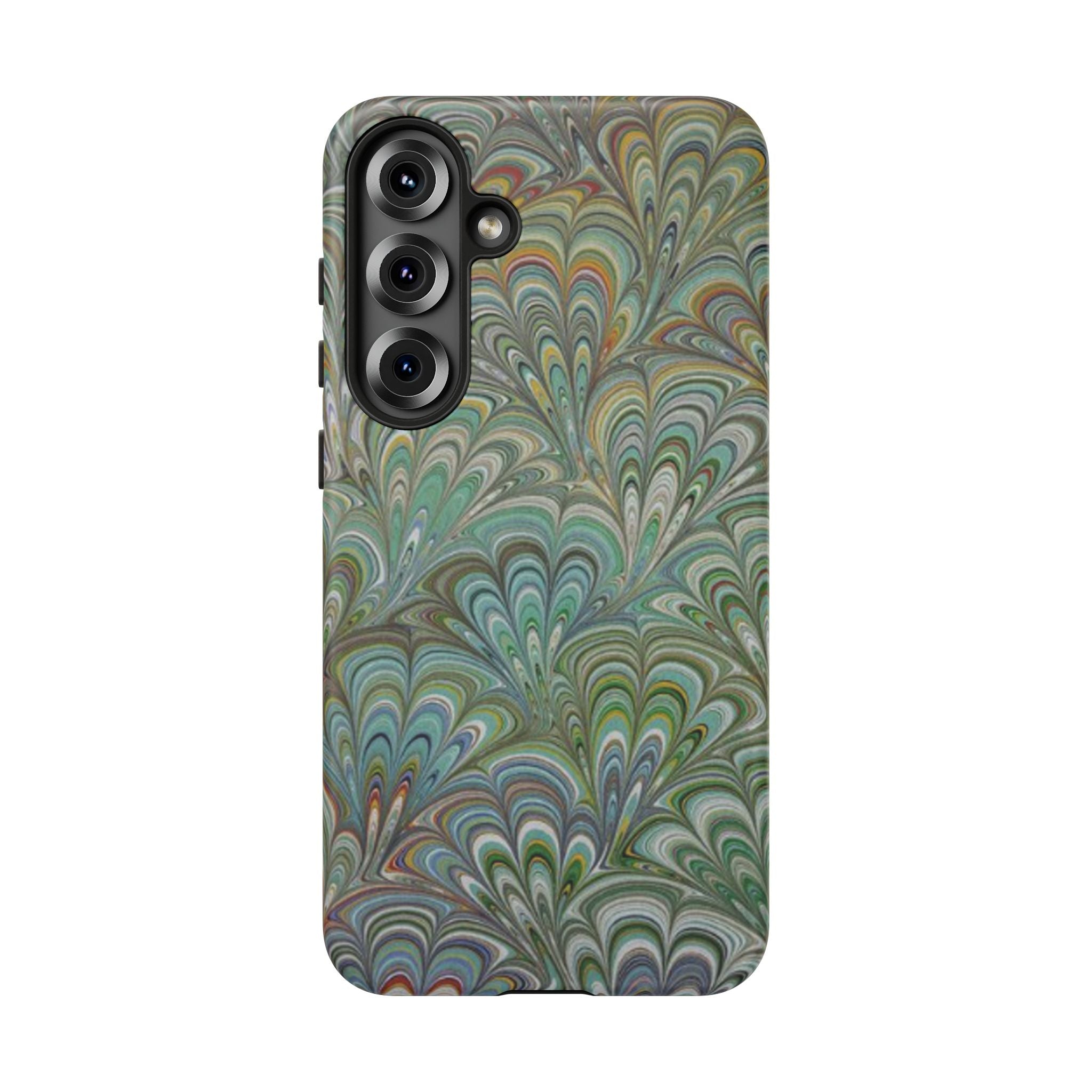 Green Marbled Peacock Durable Phone Case - Olive Green and Brown - Matte or Glossy