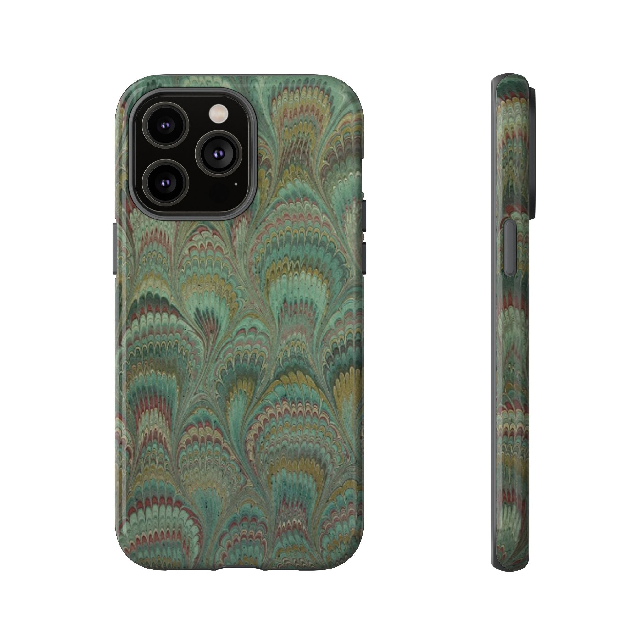 Marbled Peacock Durable Phone Case - Olive Green and Brown - Matte or Glossy