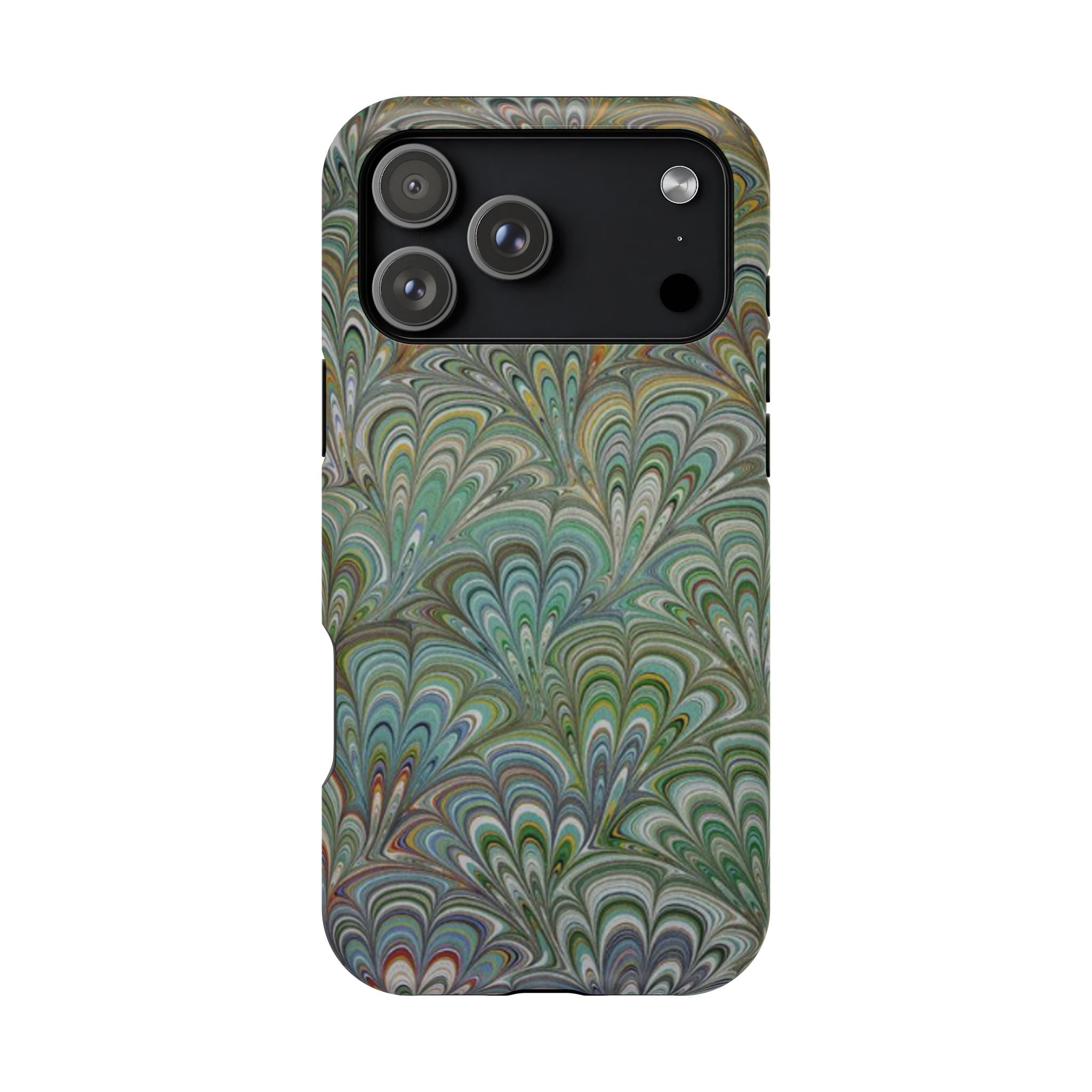 iPhone17 + All Models Phone Cases, Italian Peacock Feather Design, Stylish Impact-Resistant Shell, Protective Cover, Green Peacock Print