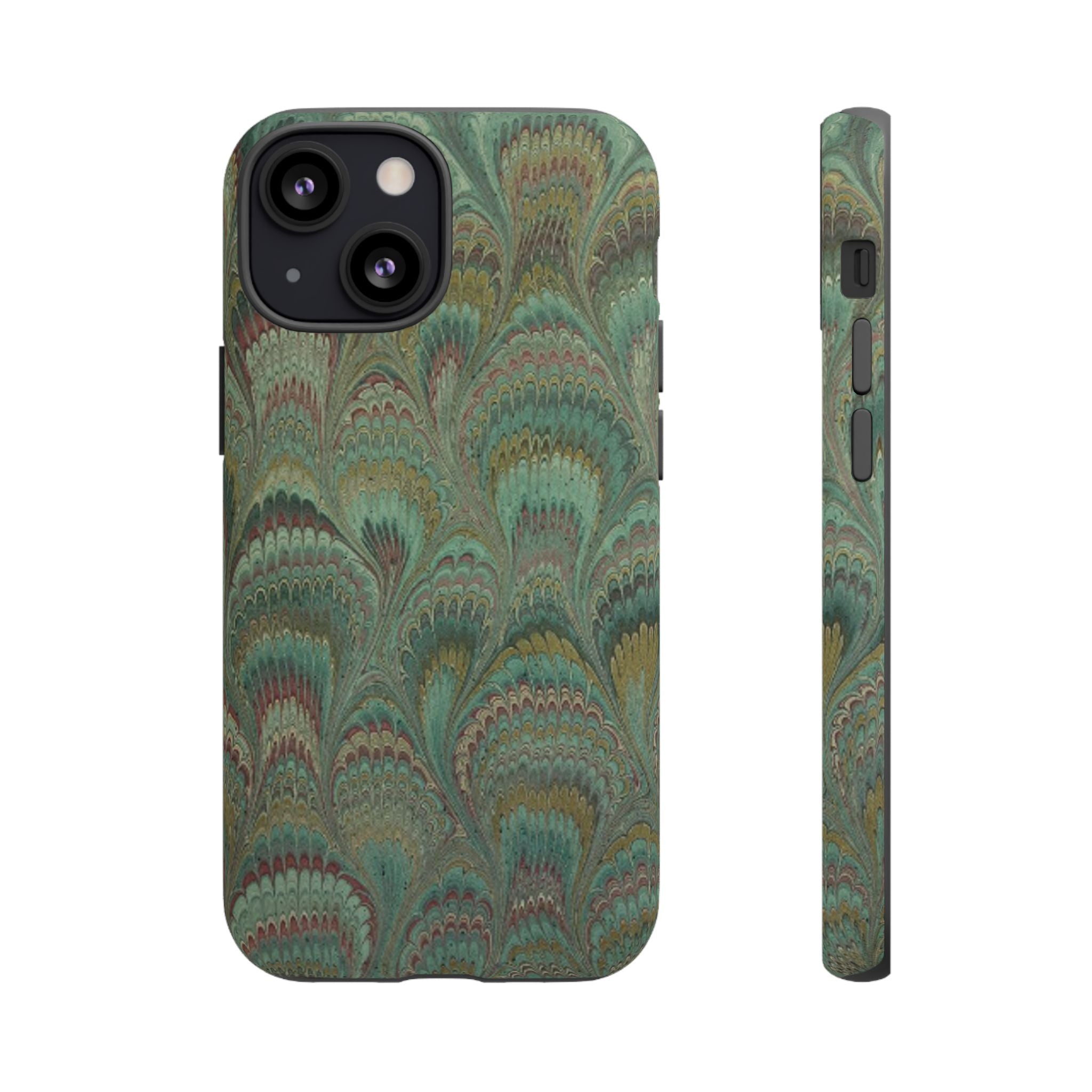 Marbled Peacock Durable Phone Case - Olive Green and Brown - Matte or Glossy