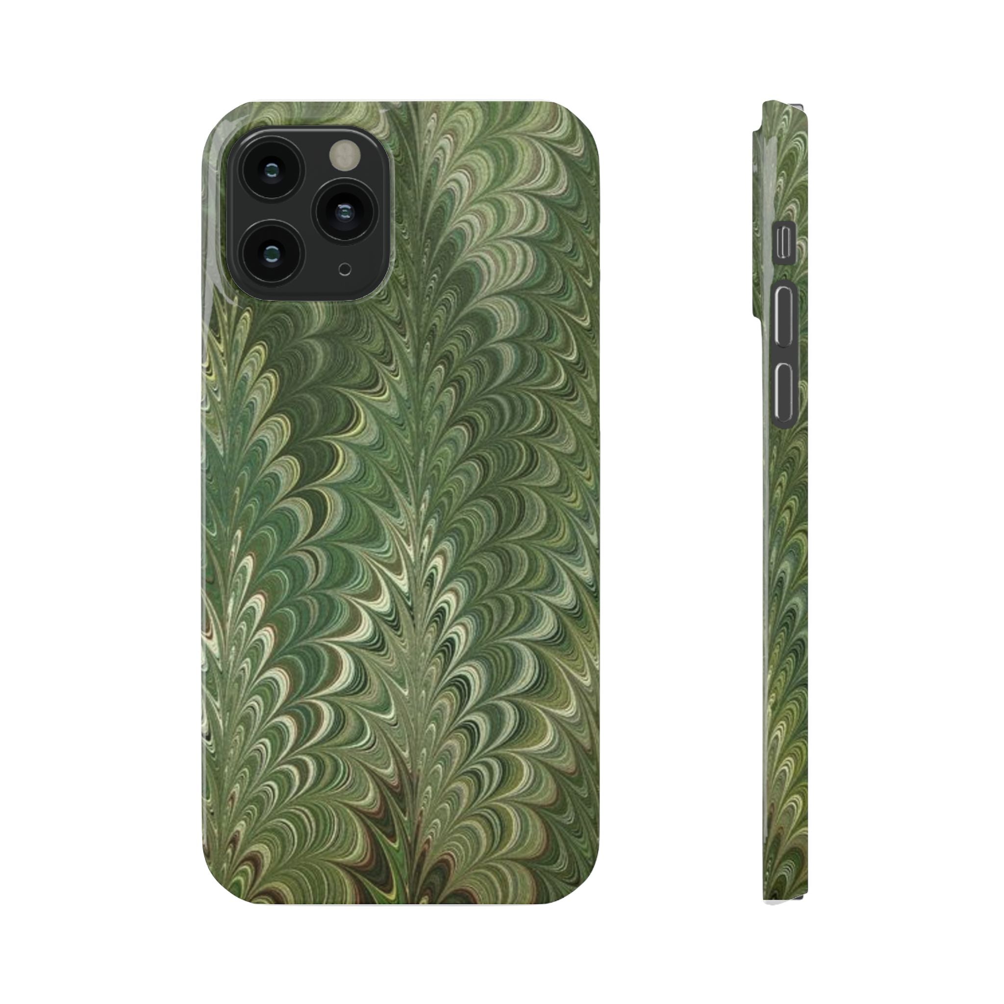 Green Marbled Slim Phone Case — Botanical Swirl Pattern Slim Case