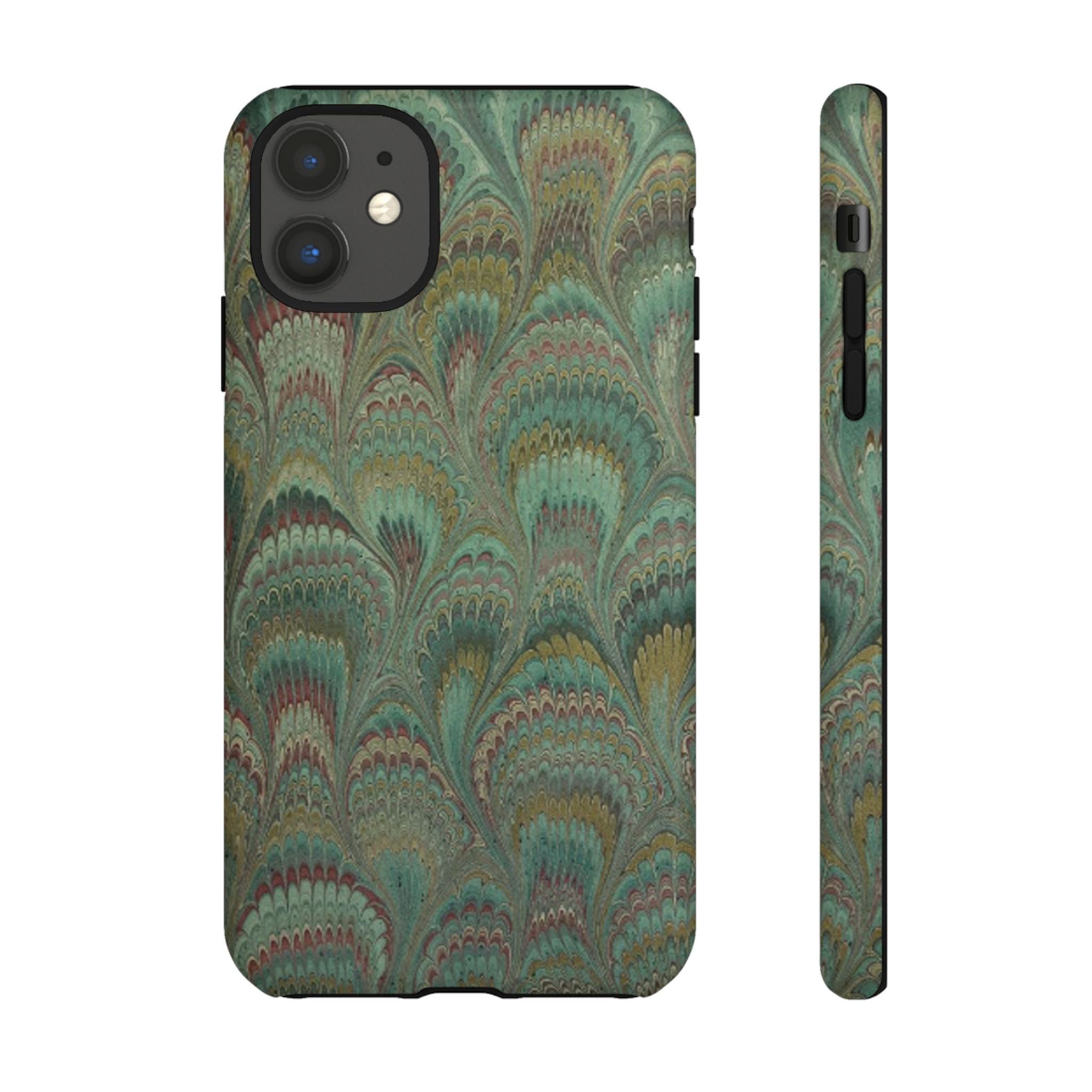 Marbled Peacock Durable Phone Case - Olive Green and Brown - Matte or Glossy