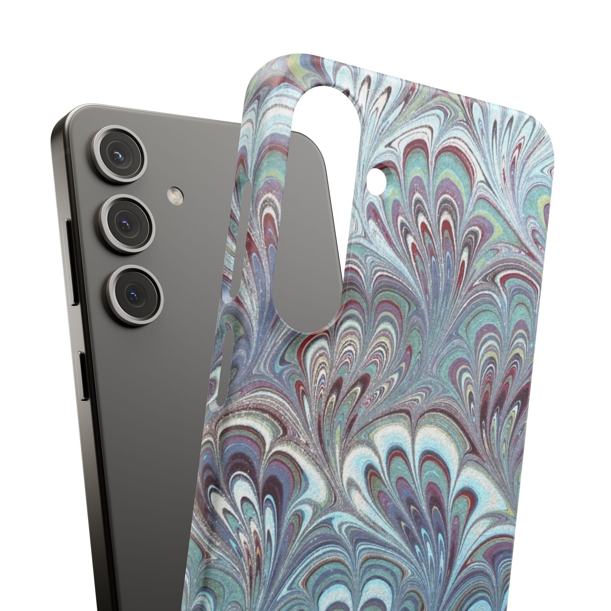 Marbled Feather Blue, White + Burgundy Swirl - Single Layer Slim Phone Case