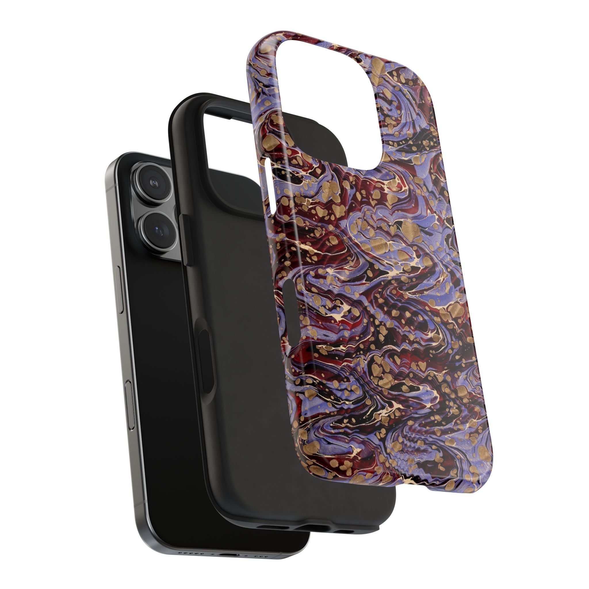 Vintage Fall Colors Marbled Peacock Feather Dual Layer Phone Case - Lavender, Burgundy + Gold