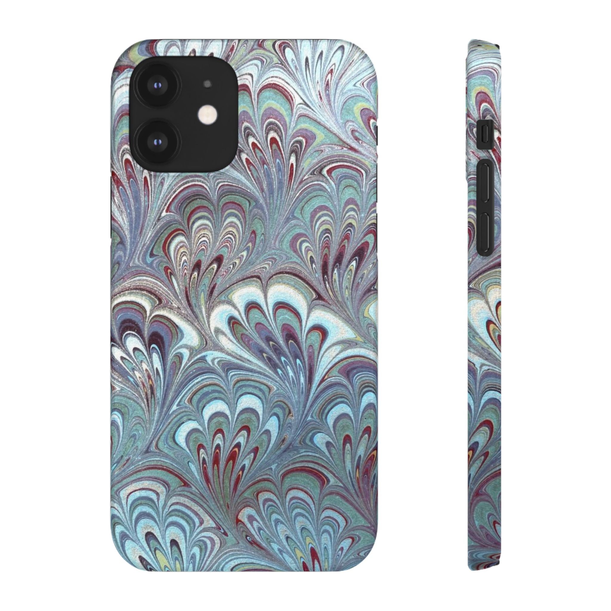 Marbled Feather Blue, White + Burgundy Swirl - Single Layer Slim Phone Case