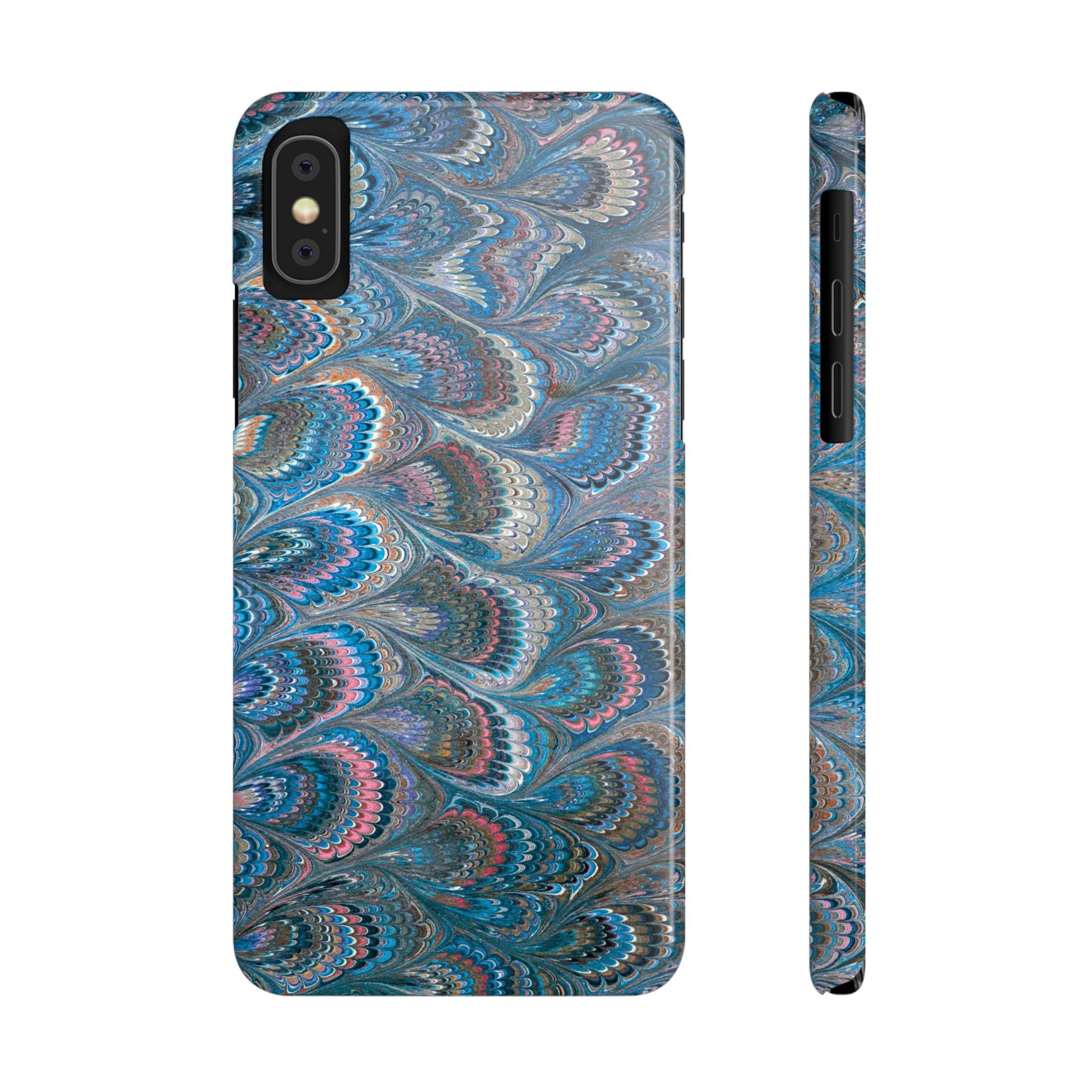 Blue and Pink FEATHER PEACKOCK Marbled VIntage Design, Italian Feather Phone Case, Slim Phone Cases, IPHONE 16 and all sizes