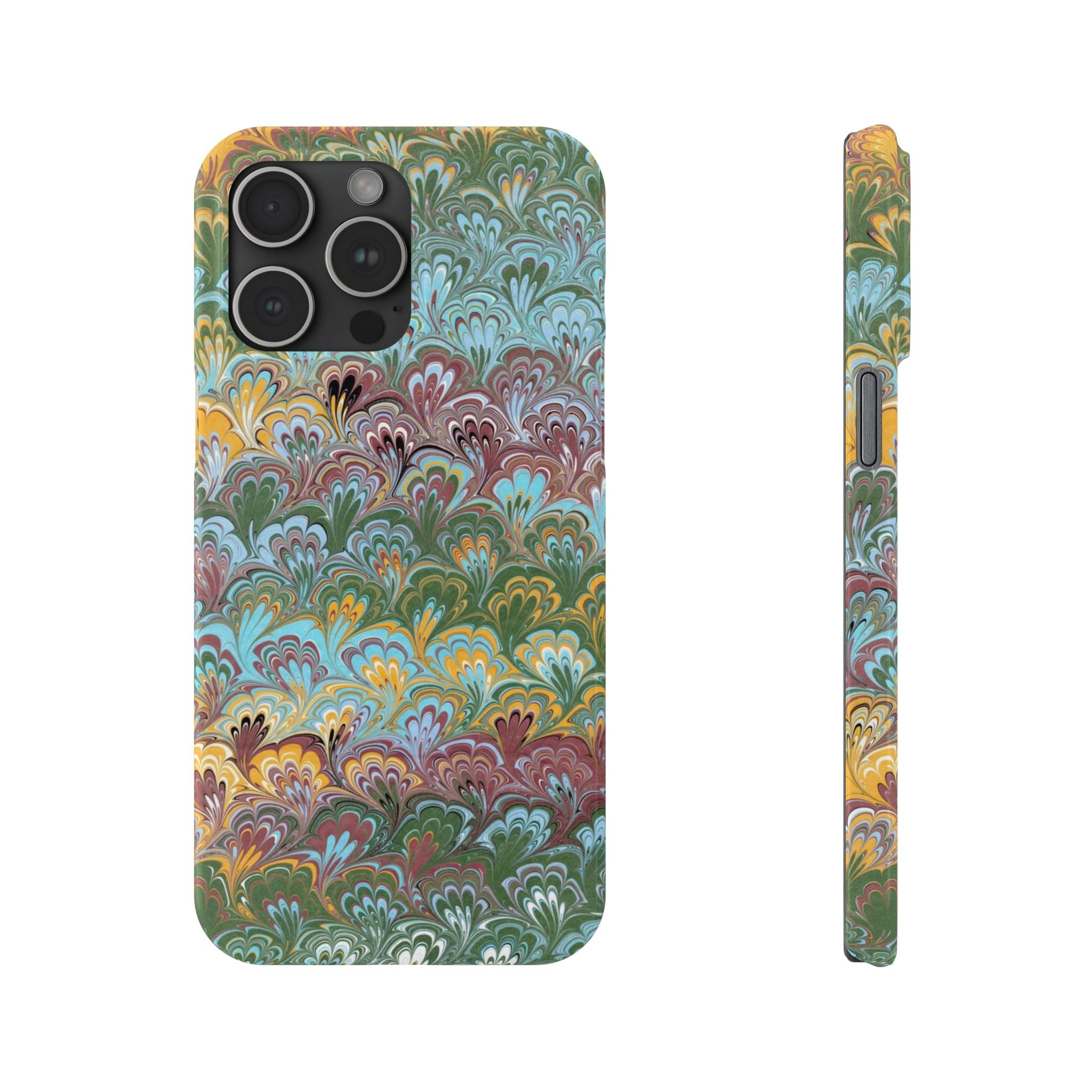Phone Case with Design from Italy - Marbled "Peacock" Design, Green, Blue, Multi-Color Slim Phone Cases