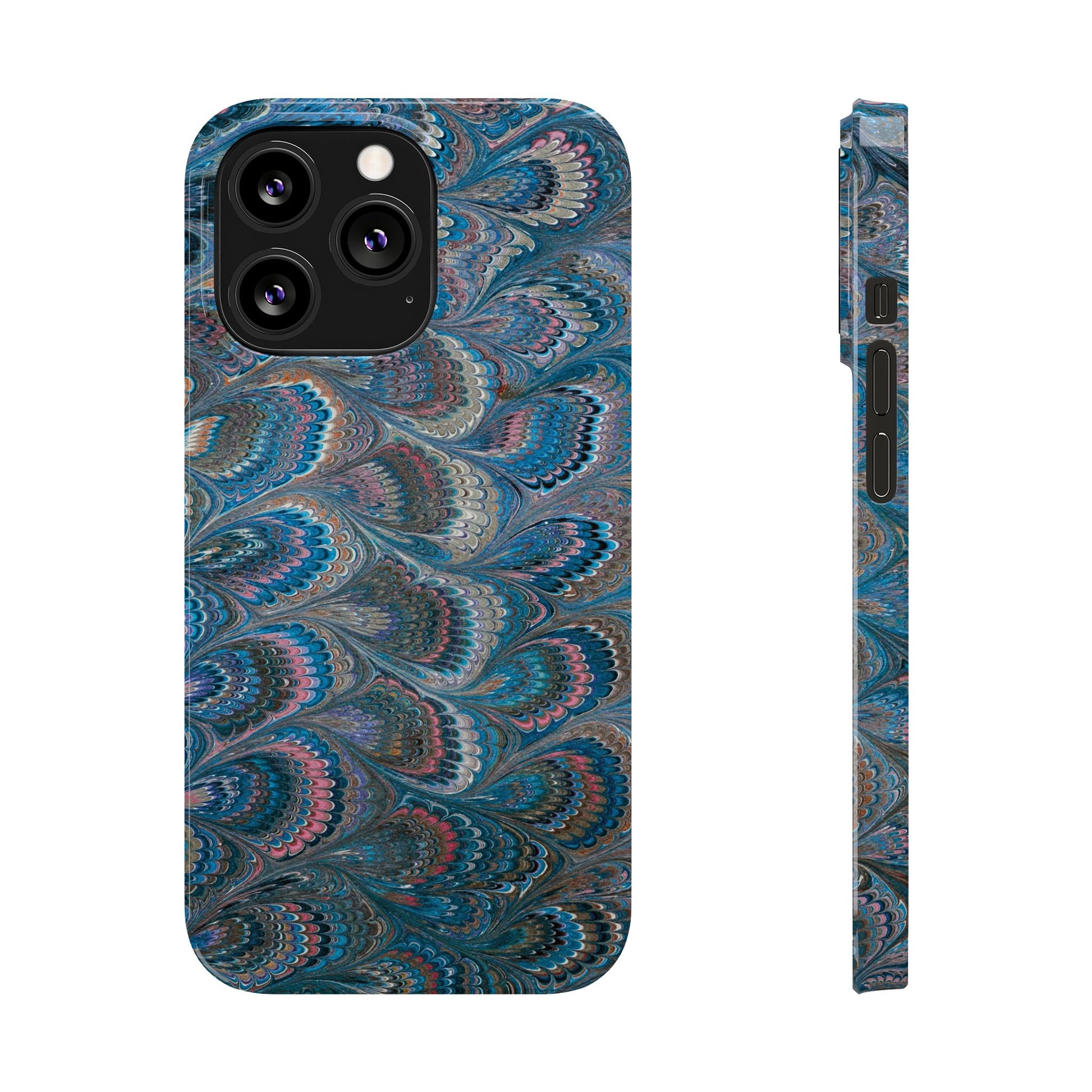 Blue and Pink FEATHER PEACKOCK Marbled VIntage Design, Italian Feather Phone Case, Slim Phone Cases, IPHONE 16 and all sizes