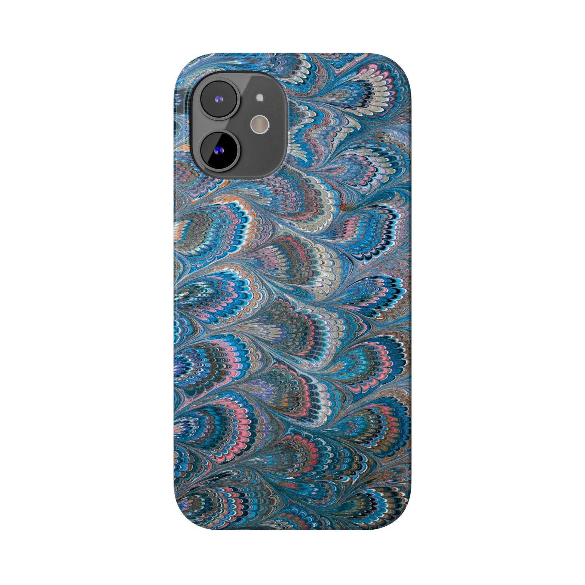 Blue and Pink FEATHER PEACKOCK Marbled VIntage Design, Italian Feather Phone Case, Slim Phone Cases, IPHONE 16 and all sizes