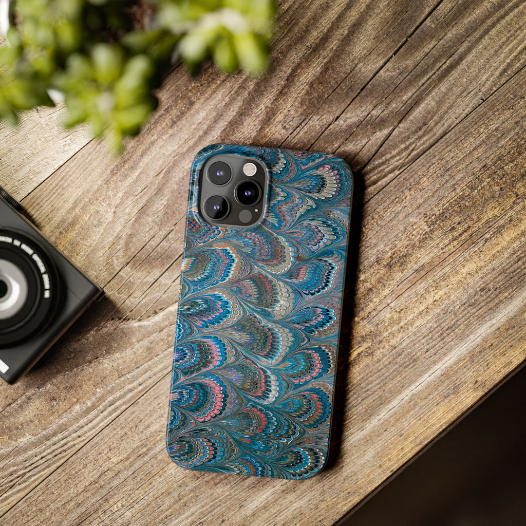 Blue and Pink FEATHER PEACKOCK Marbled VIntage Design, Italian Feather Phone Case, Slim Phone Cases, IPHONE 16 and all sizes