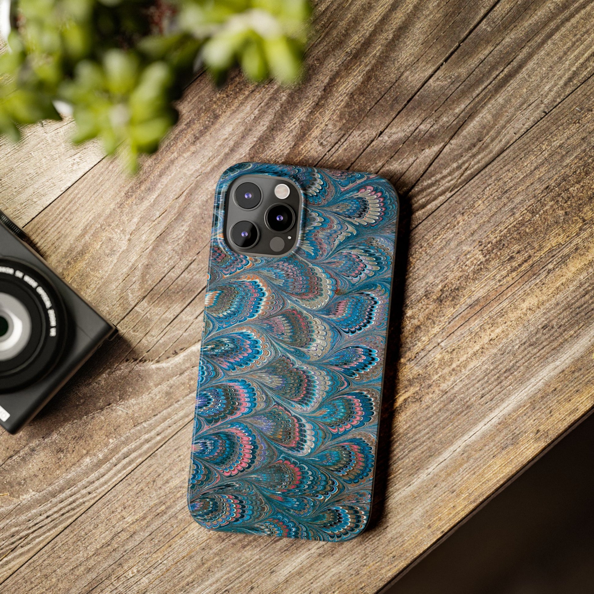 Blue and Pink FEATHER PEACKOCK Marbled VIntage Design, Italian Feather Phone Case, Slim Phone Cases, IPHONE 16 and all sizes